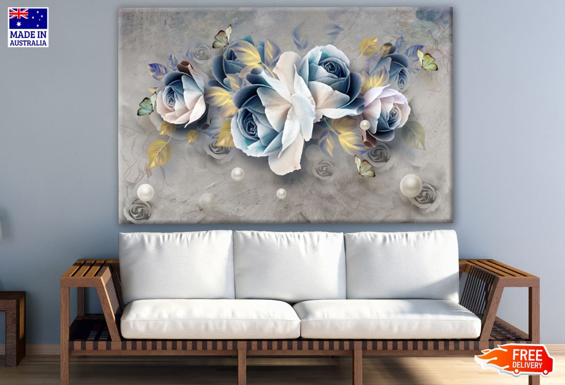 3D Blue & White Rose Floral Design Print 100% Australian Made - Perfect for Home Decor, Wedding Gifts & Boho Chic Style