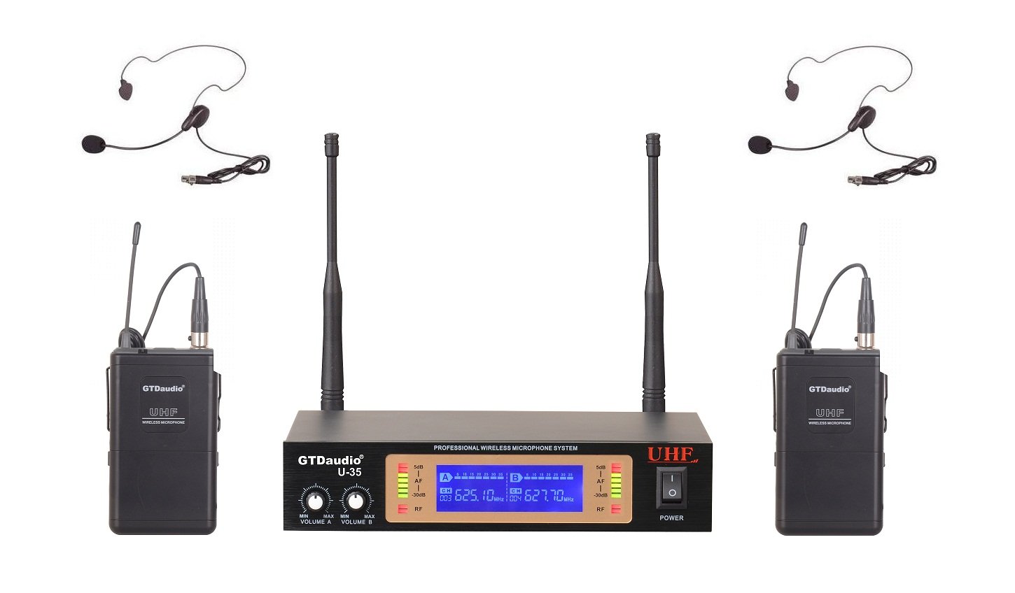 GTD Audio UHF Wireless Microphone System with Headset & Lavalier Mic - 35L Professional Wireless Mic for Live Performances, Public Speaking, Church Services & Events