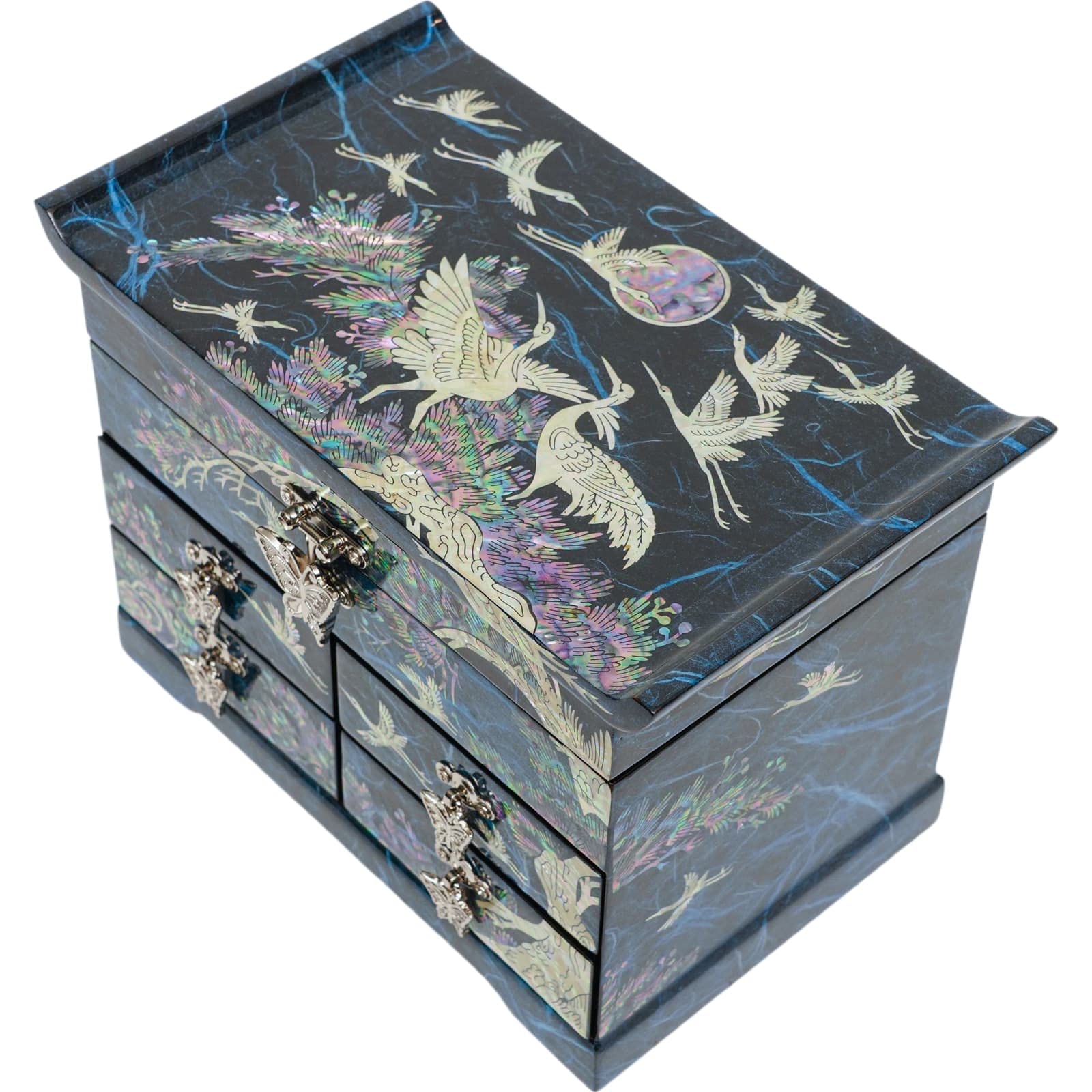 February Mountain Mother of Pearl Wooden Jewelry Organizer Box – Elegant Jewelry Storage for Women with Spacious Drawers, Perfect for Organizing Rings, Bracelets, Watches, Necklaces & Accessories (Crane_Blue) | Great for Bedroom Vanity, Travel & Gift Giving