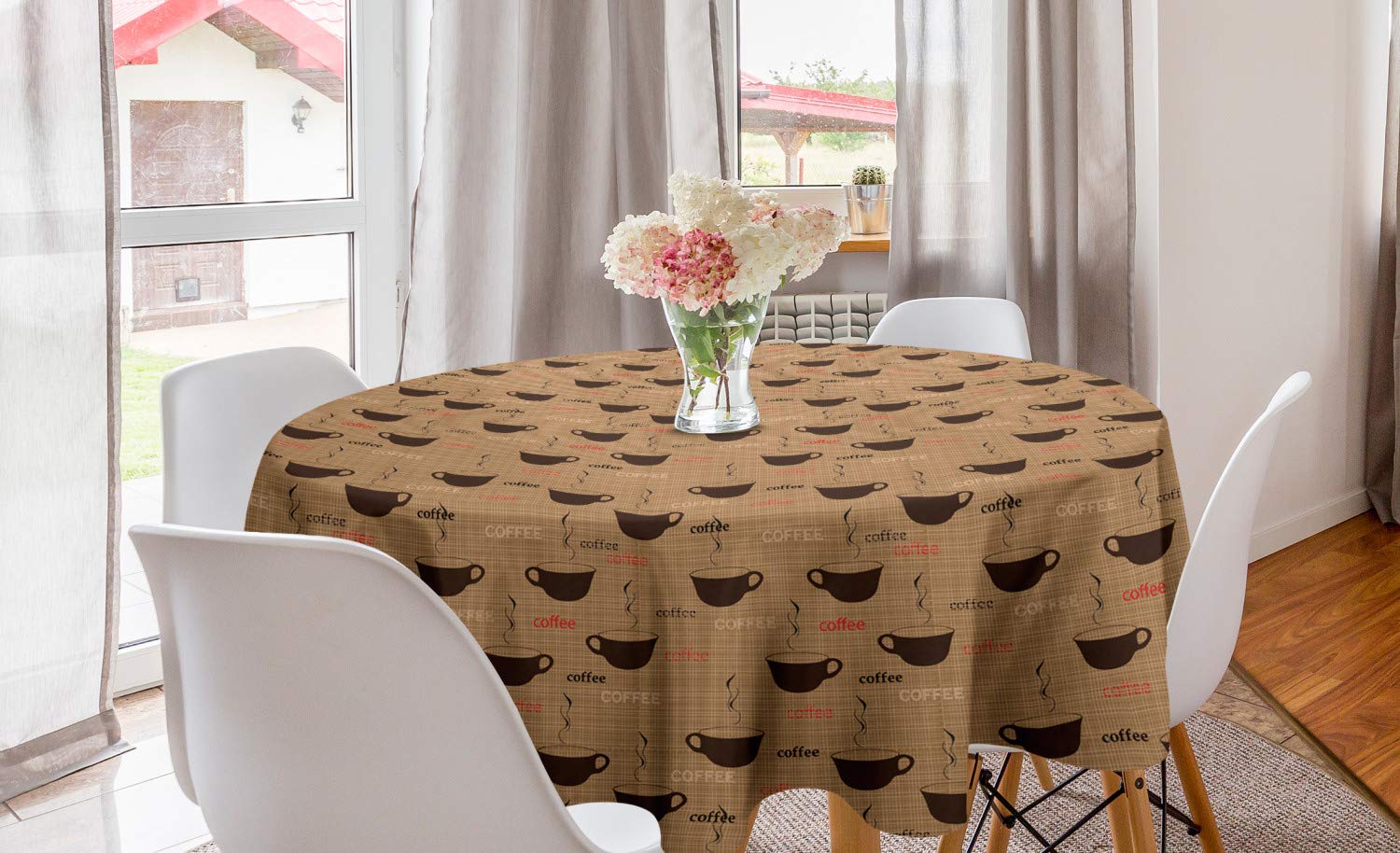 Ambesonne Coffee Themed Round Tablecloth - 60 Inch Circle Table Cover with Espresso Latte & Coffee Cups Design in Earthen Tones, Chocolate Pale Brown - Perfect for Dining Room & Kitchen Decor, Coffee Shop Style Home Accessory