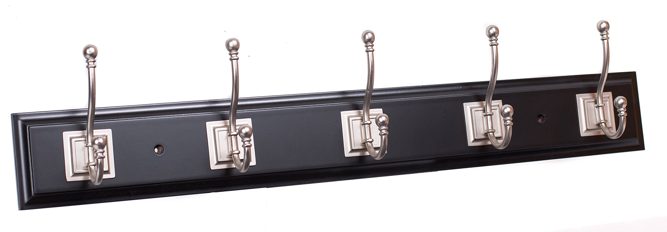 BIRDROCK HOME Classic 5-Hook Wall Mounted Coat Rack for Hats, Jackets & Keys - Black Finish with Satin Nickel Hooks - Perfect for Entryway, Mudroom & Closet Organization