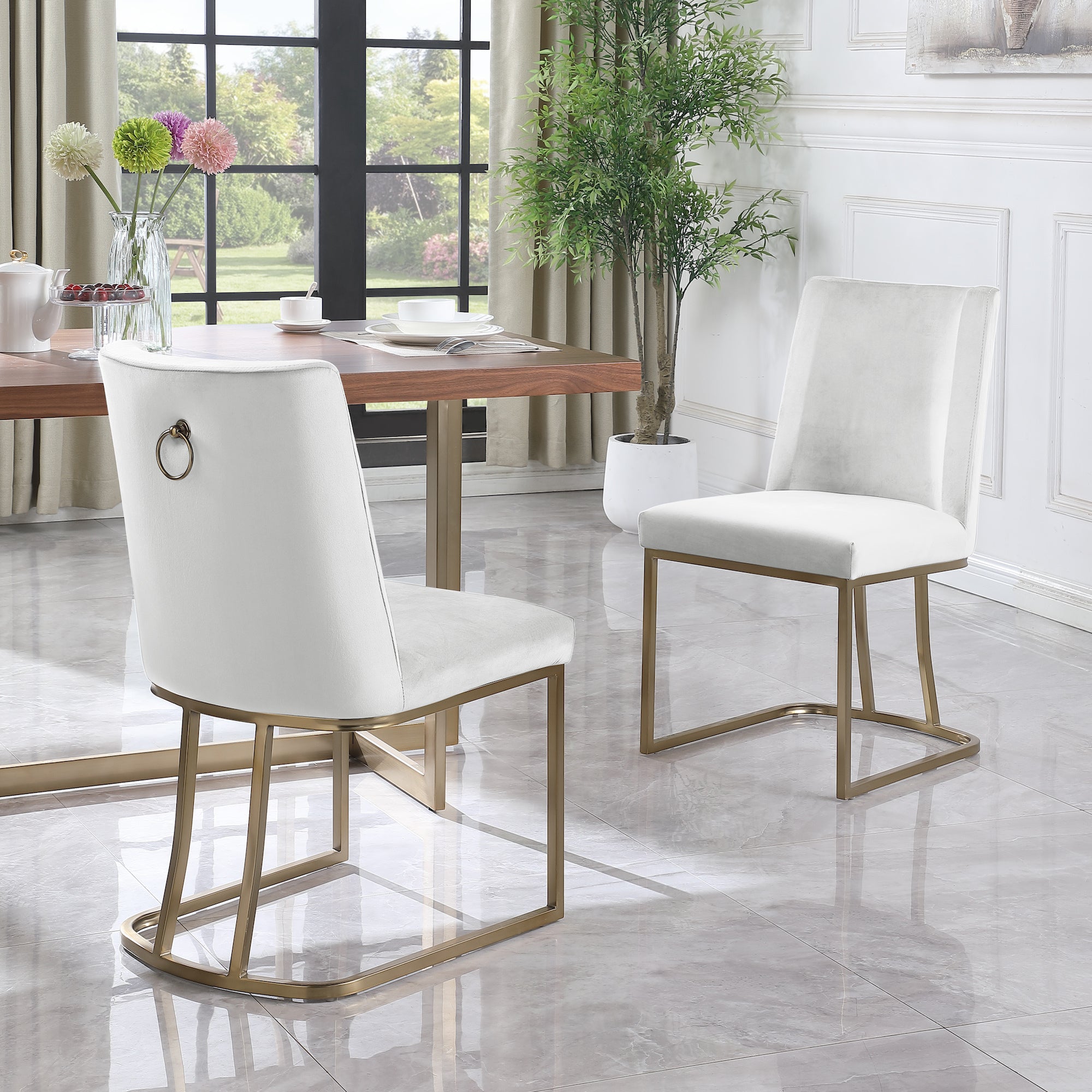 Luxury Velvet Dining Chairs Set of 2 - Modern Upholstered Side Chairs with Gold Metal Legs, White - Perfect for Kitchen, Dining Room & Home Decor