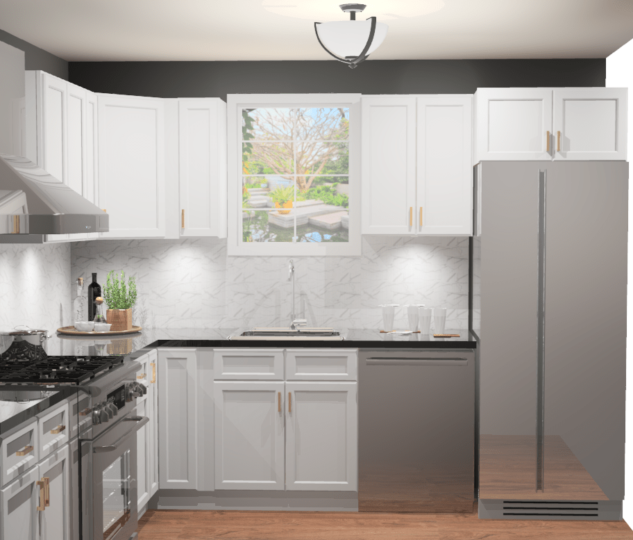 10x10 L-Shaped Kitchen Layout Design with Aria White Shaker Cabinets - Perfect for Small Space Remodeling & Modern Home Renovation