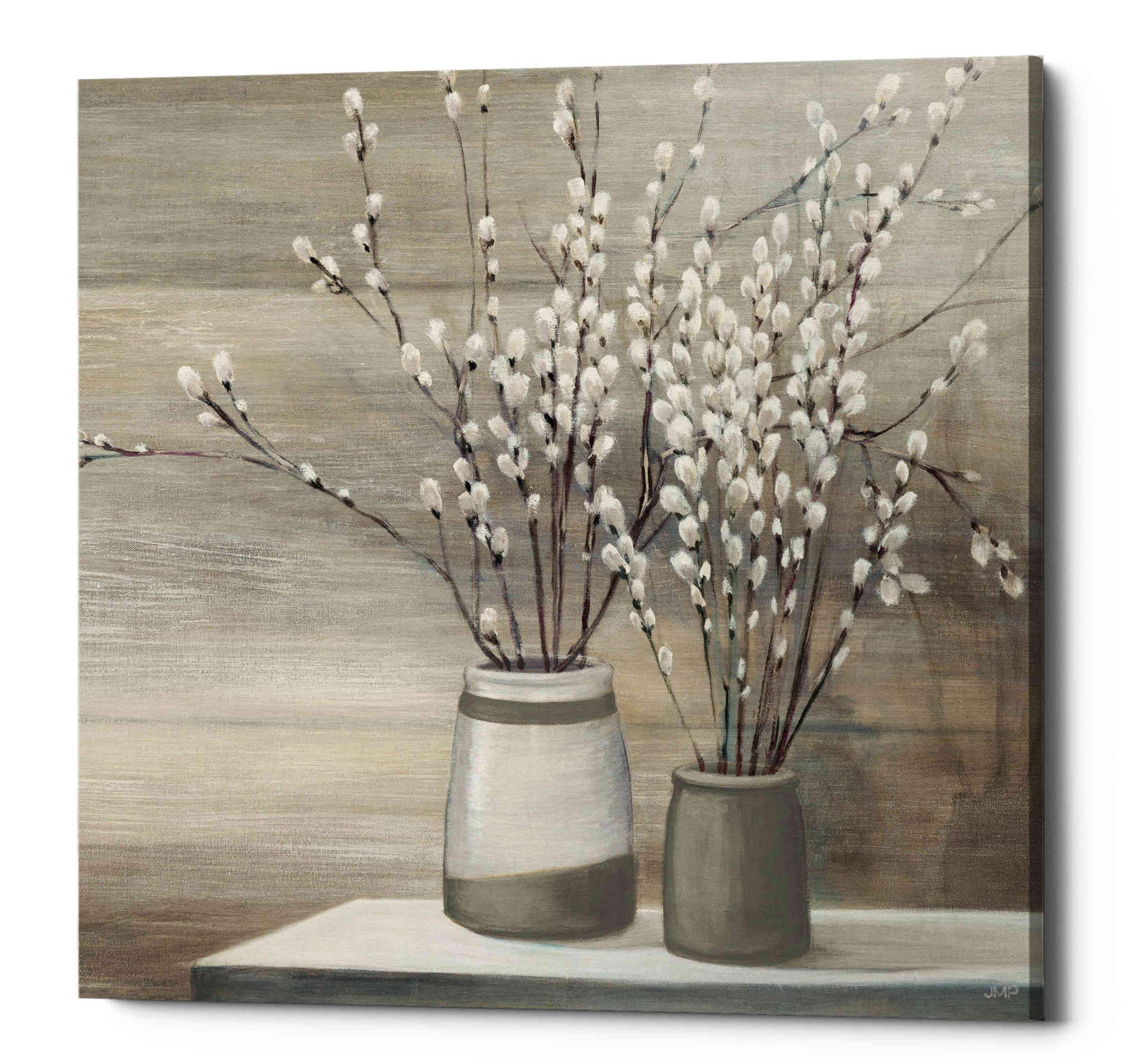 Julia Purinton 'Pussy Willow Still Life Gray Pots' Canvas Wall Art Print 26x26 Inches - Perfect for Living Room, Bedroom & Office Decor