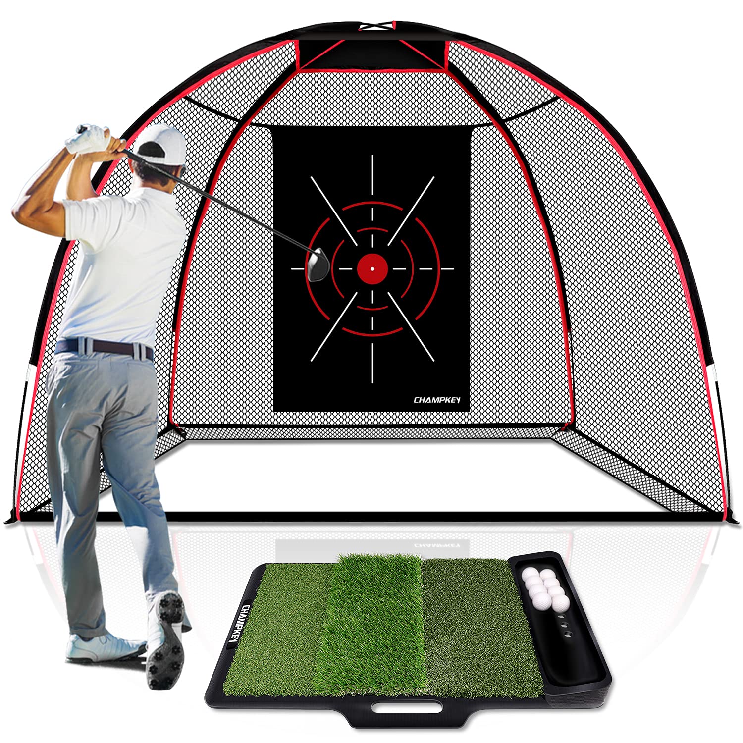 CHAMPKEY Premium 10' x 7' Golf Hitting Net with Target - Heavy Duty 5-Ply Knotless Netting for Indoor/Outdoor Practice | Perfect for Backyard, Driving Range & Home Training | Improve Golf Swing & Accuracy