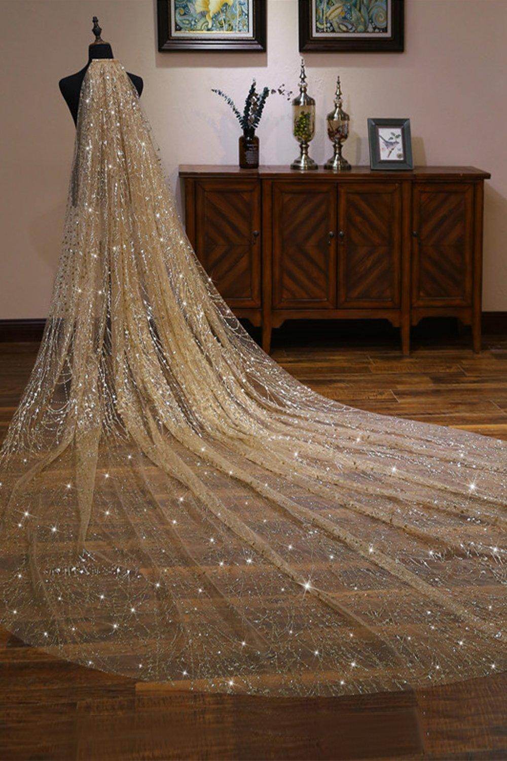 Sparkling One-Tier Cut Edge Tulle Cathedral Wedding Veil with Glitter Powder CV0358 - Perfect for Bridal Ceremonies, Photo Shoots & Formal Occasions