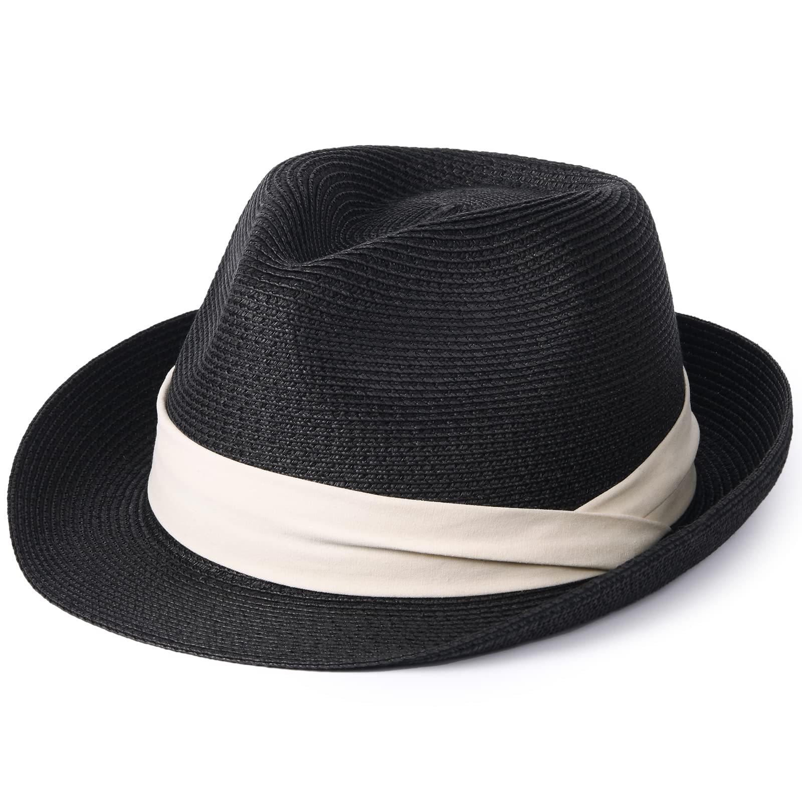 FURTALK Foldable Fedora Straw Sun Hat for Men & Women - UPF 50+ Roll Up Trilby Panama Hat with Short Brim - Perfect for Beach, Travel, and Outdoor Summer Activities