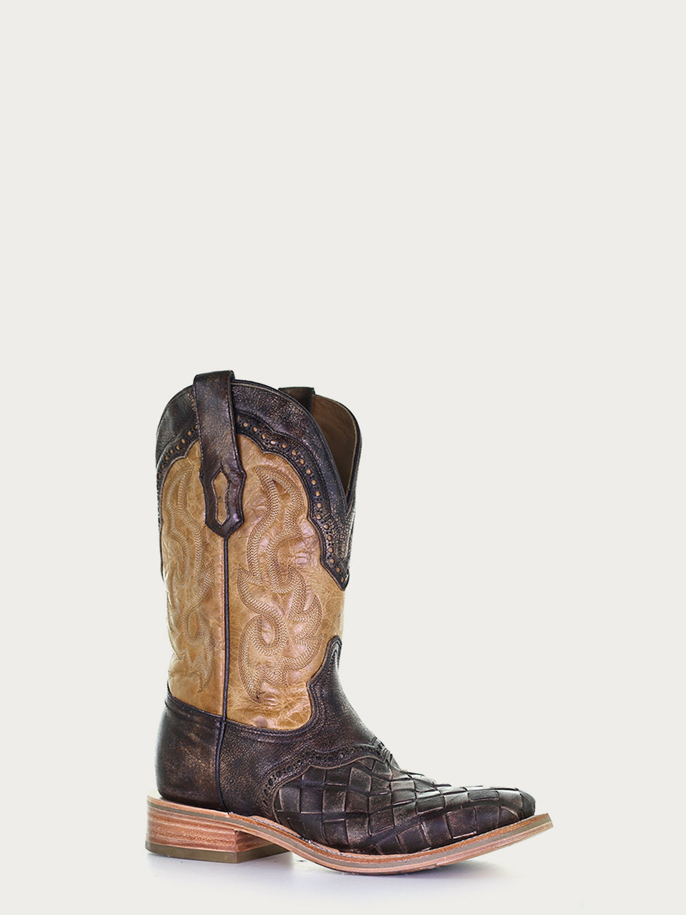 Men's Embroidered Brown Woven Wide Square Toe Honey Cowboy Boots - Western Style Riding & Country Fashion for Men