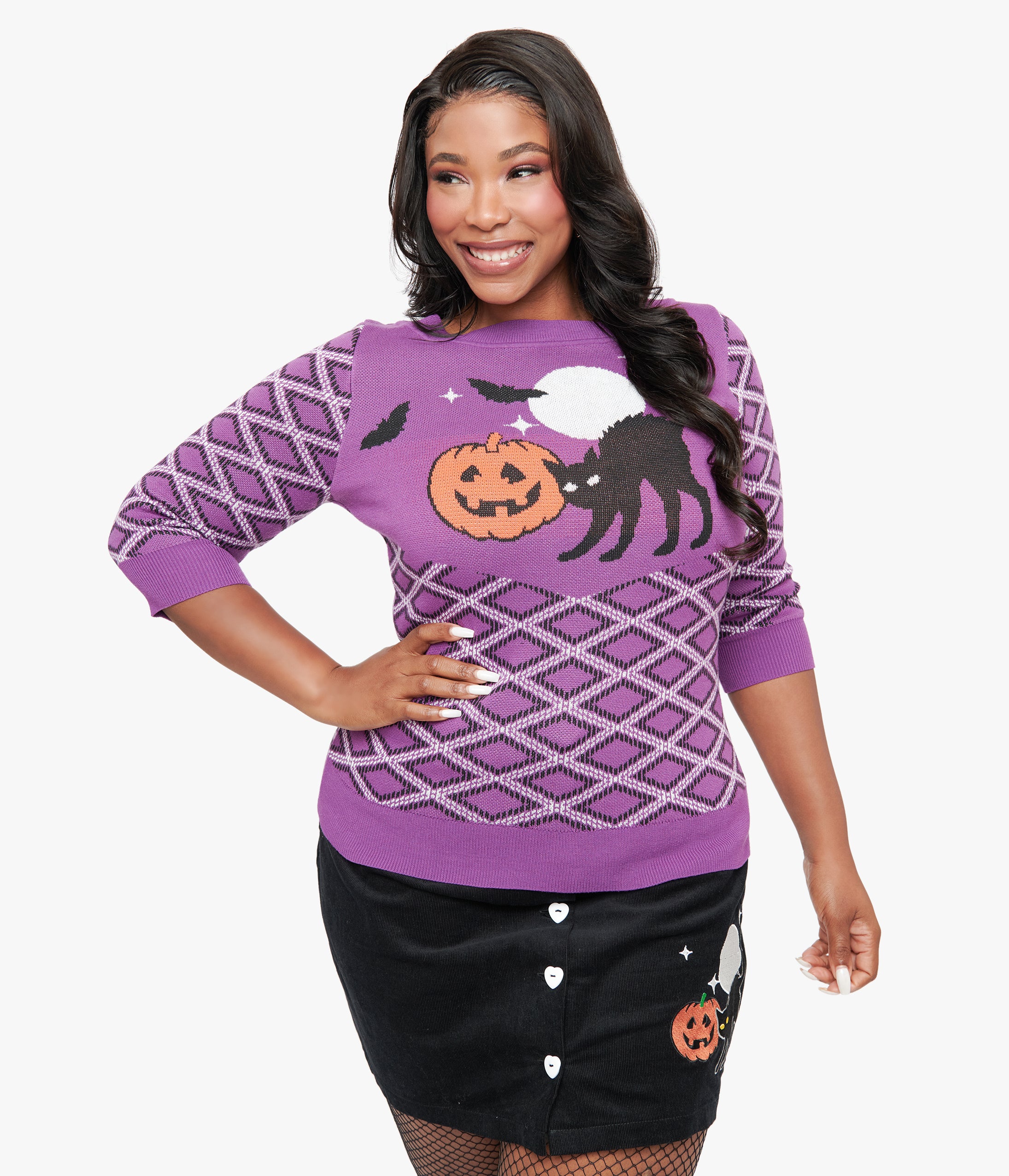 Smak Parlour Plus Size Purple Plaid & Black Cat Sweater - Cozy Fall Fashion for Women | Perfect for Halloween, Casual Outings & Layering