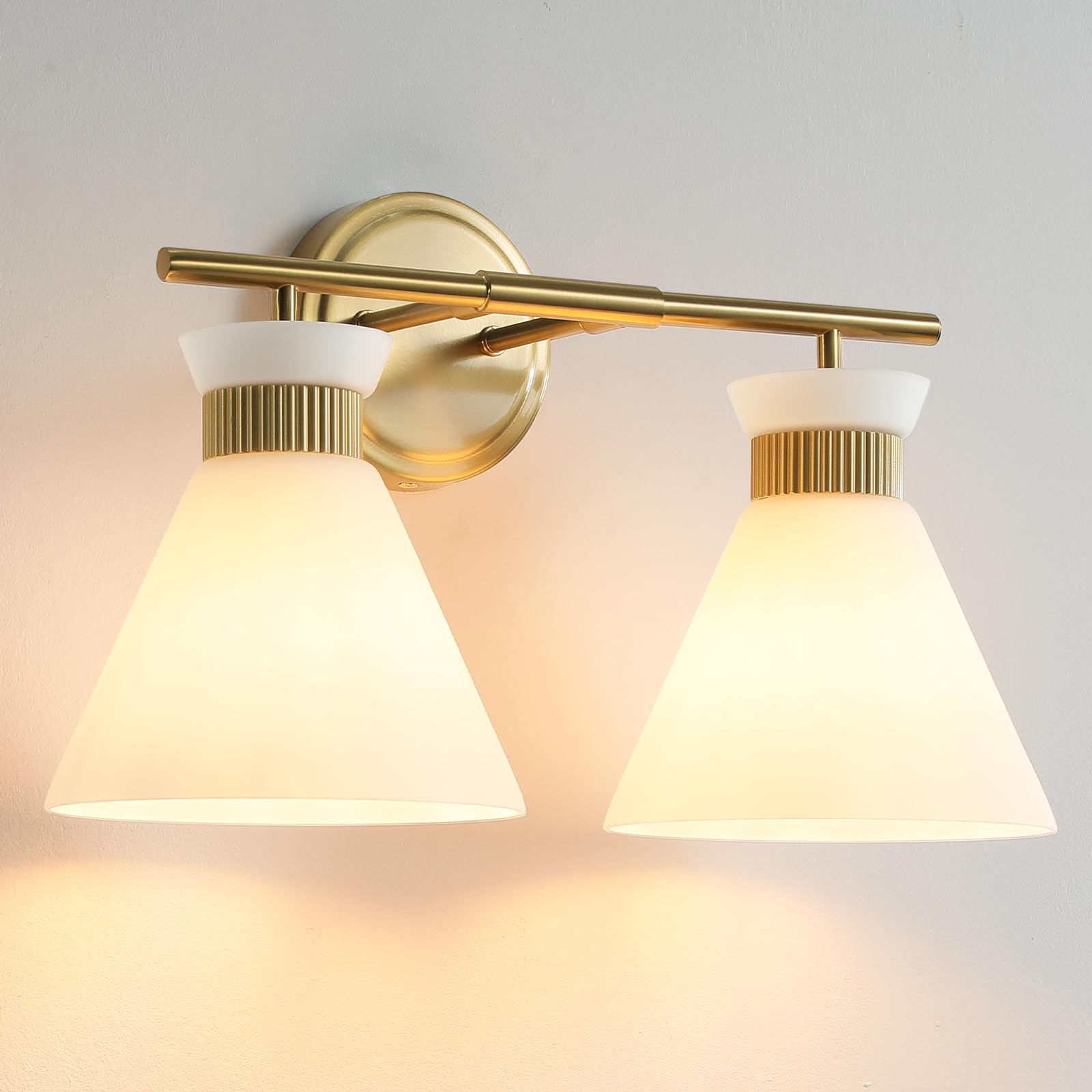 WOSHITU Mid Century Modern Bathroom Vanity Light Fixtures - 2 Light Brass Gold Wall Sconce with Frosted Milky Glass for Mirror Lighting | Perfect for Bathroom, Bedroom & Hallway Décor
