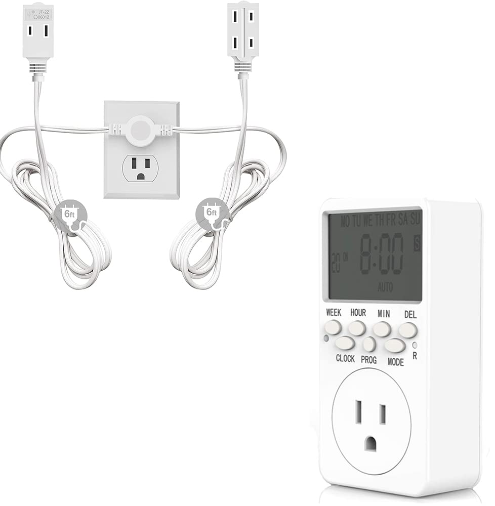10-Outlet Surge Protector with 6-Foot Extension Cord & Built-in Timer - White - Perfect for Home Office, Entertainment Centers, and Holiday Lighting
