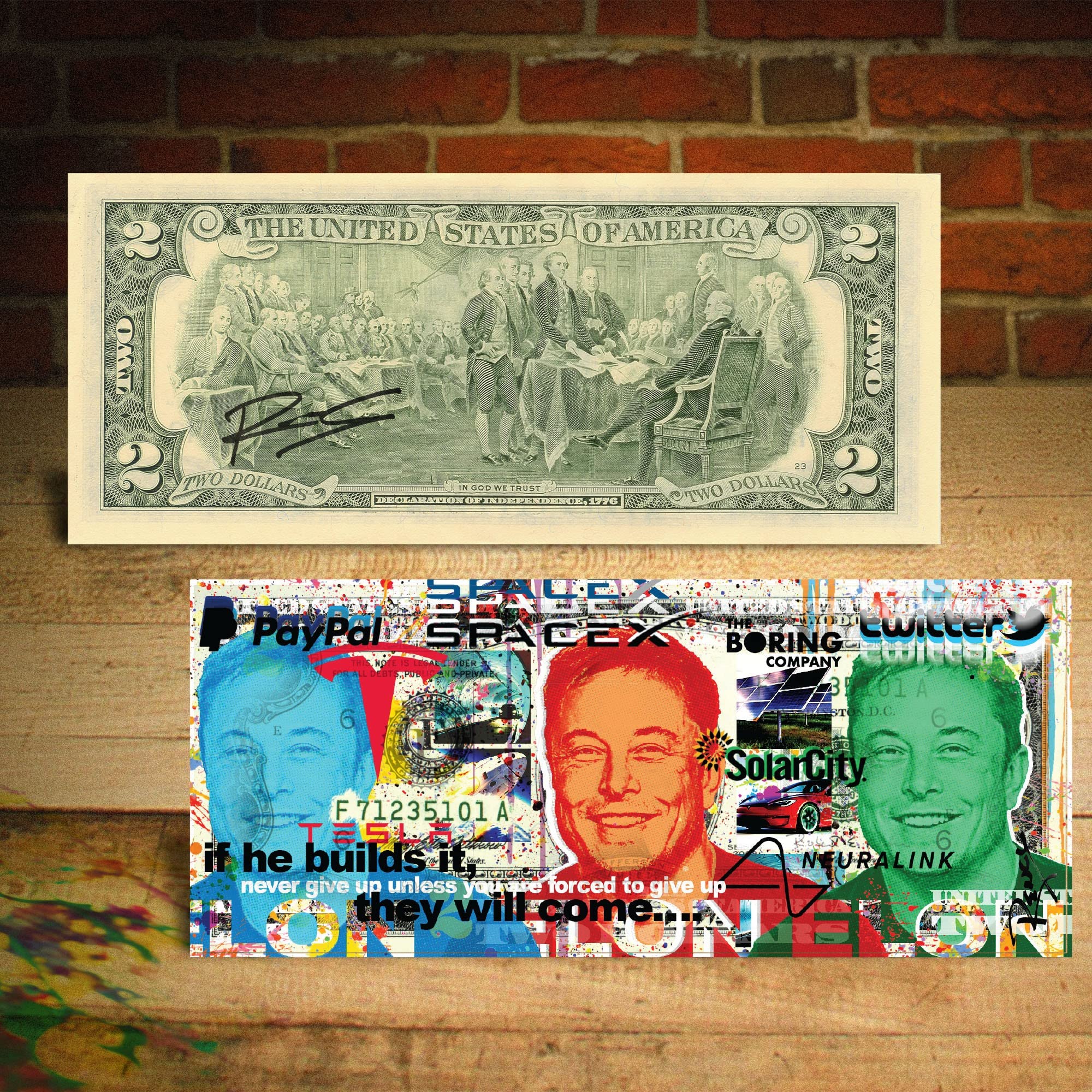 Elon Musk Tesla SpaceX Twitter Pop Art Genuine Hand-Signed $2 US Bill - Unique Collectible for Fans, Office Decor & Gift Idea