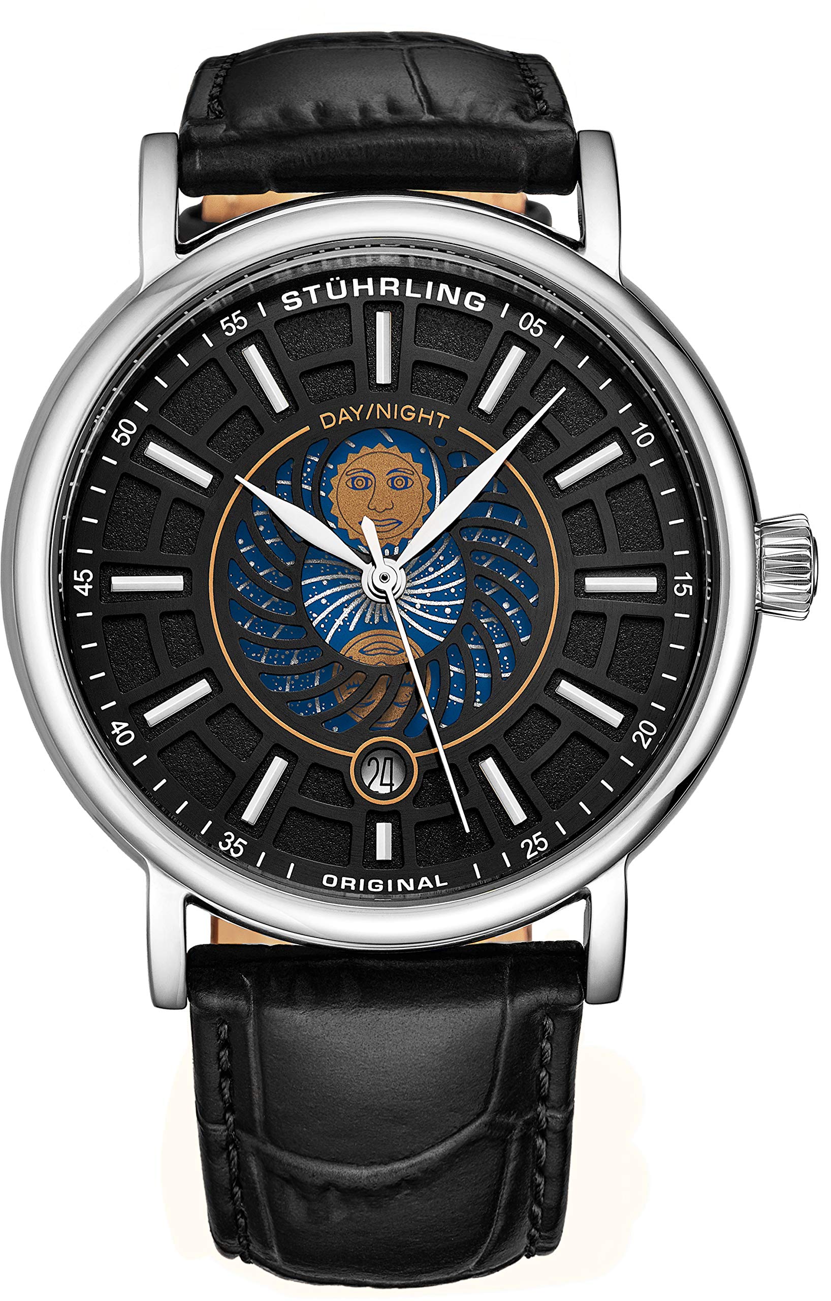 Stuhrling Original Men's Day/Night Dress Watch - Stainless Steel Case, Leather Band, Analog Dial with Date & Day/Night Indicator - Luxury Formal & Business Watches for Men - Perfect for Office, Weddings & Special Occasions