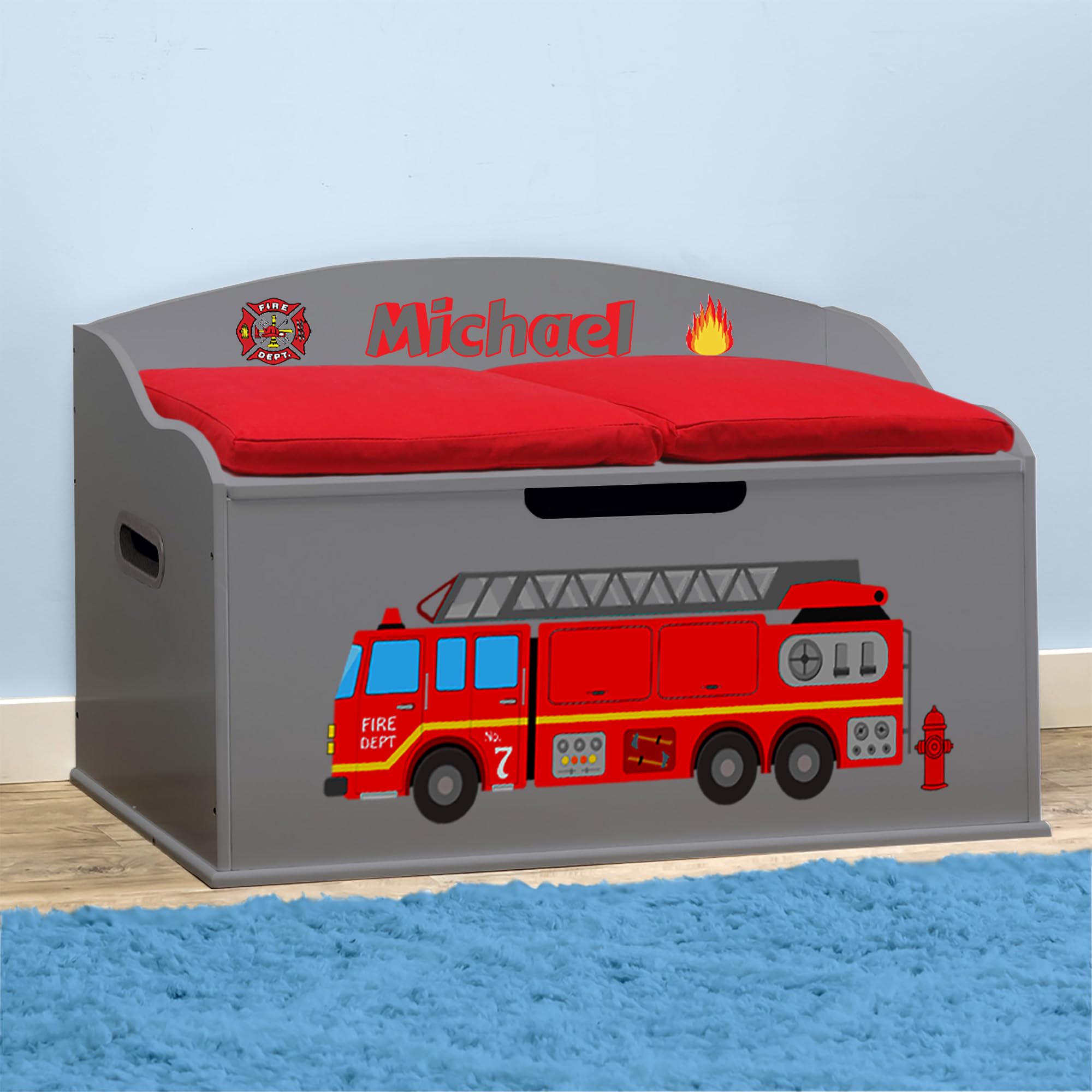 DIBSIES Personalized Creative Wonders Toy Box - Firetruck Design in Dovetail Grey | Custom Kids' Storage Organizer for Bedroom, Playroom & Nursery Decor