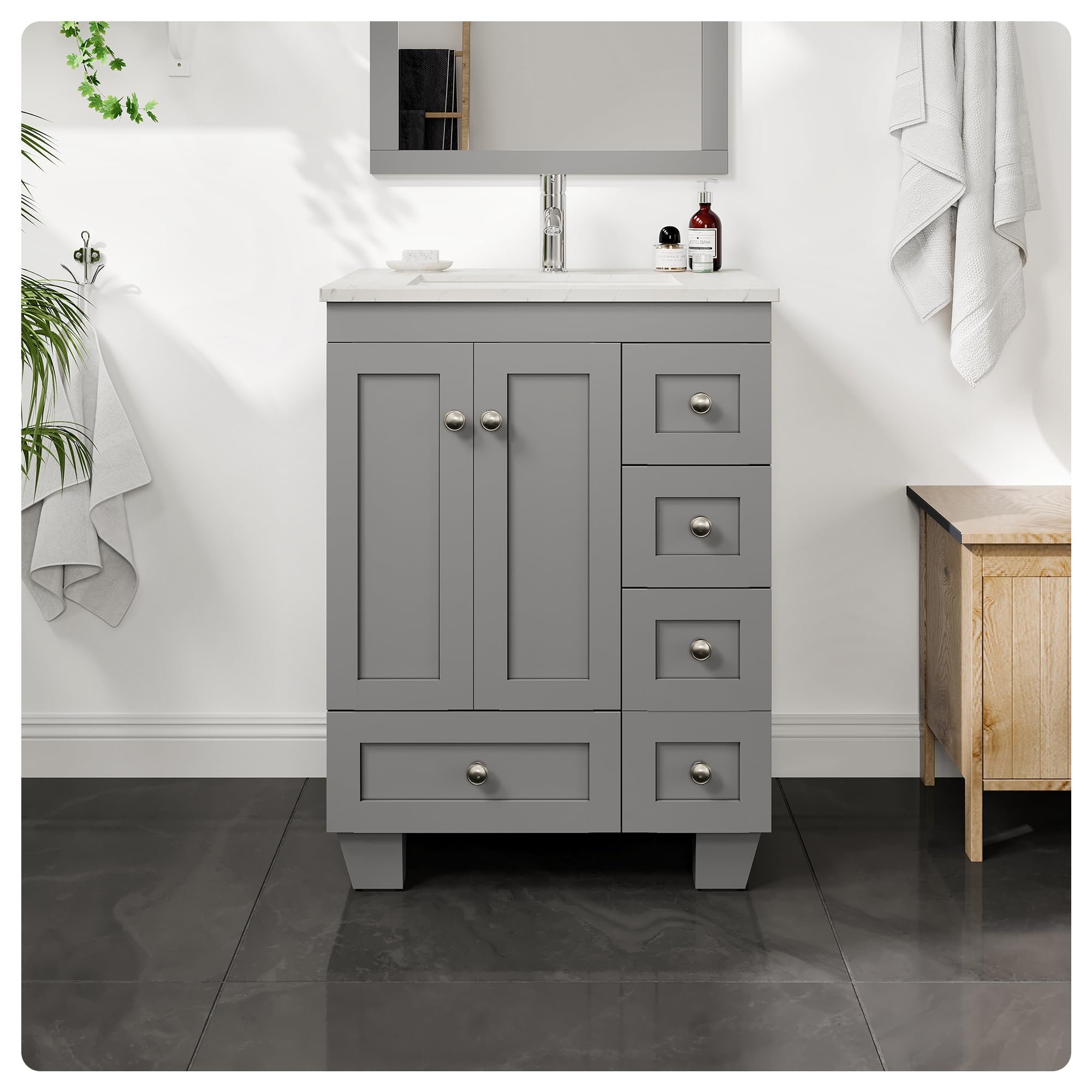 Eviva Happy 24 Inch Bathroom Vanity Set with Quartz Countertop & Porcelain Sink - Grey Small Bathroom Cabinet for Modern Spaces | Perfect for Powder Rooms, Guest Baths & Compact Master Bathrooms