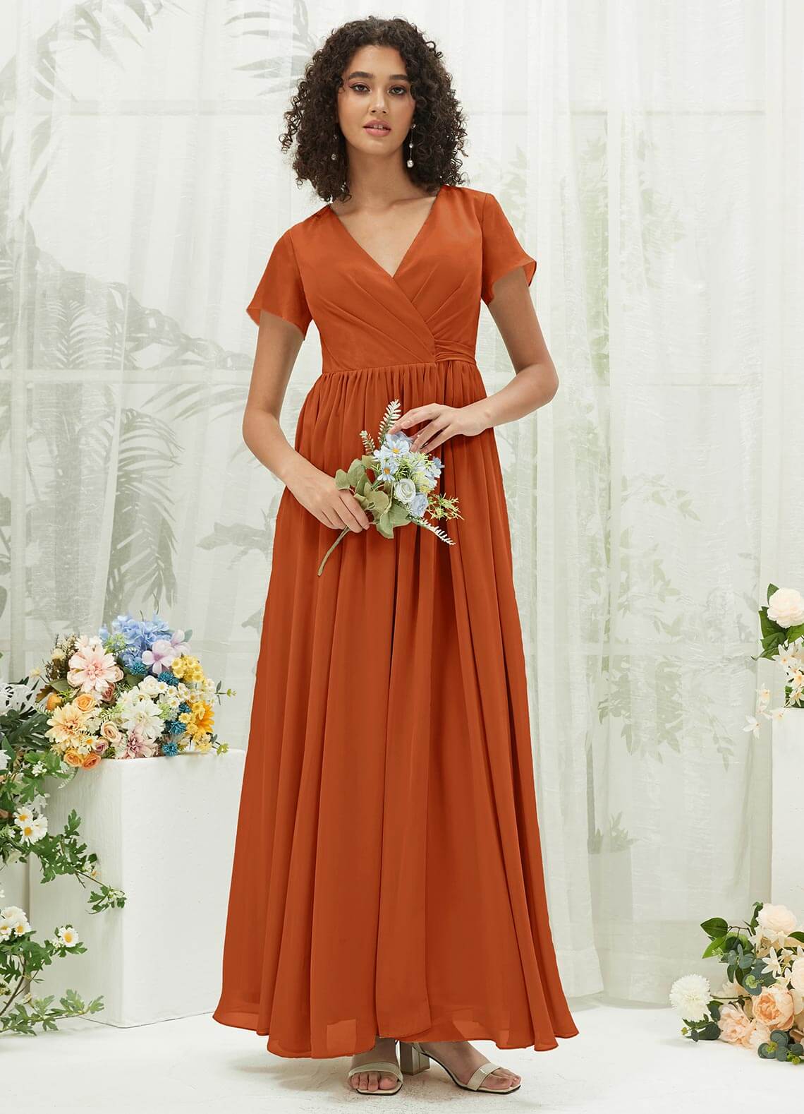 Elegant Burnt Orange Chiffon Short Sleeve V-Neck Wrap Pleated Bridesmaid Dress for Wedding Party, Formal Occasions and Special Events
