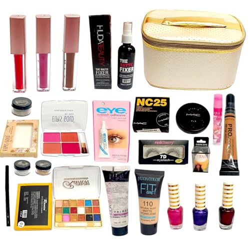 16-Piece Complete Makeup Kit with Bag | 3 Lipsticks, Lip Gloss, Fixer, 4-Shade Blush Palette, Eyeshadow, 3 Glitters, Eyelash Glue, False Lashes, Compact, Blender, Kajal, Primer, Foundation & 3 Nail Polishes | Perfect for Travel, Parties & Everyday Glam