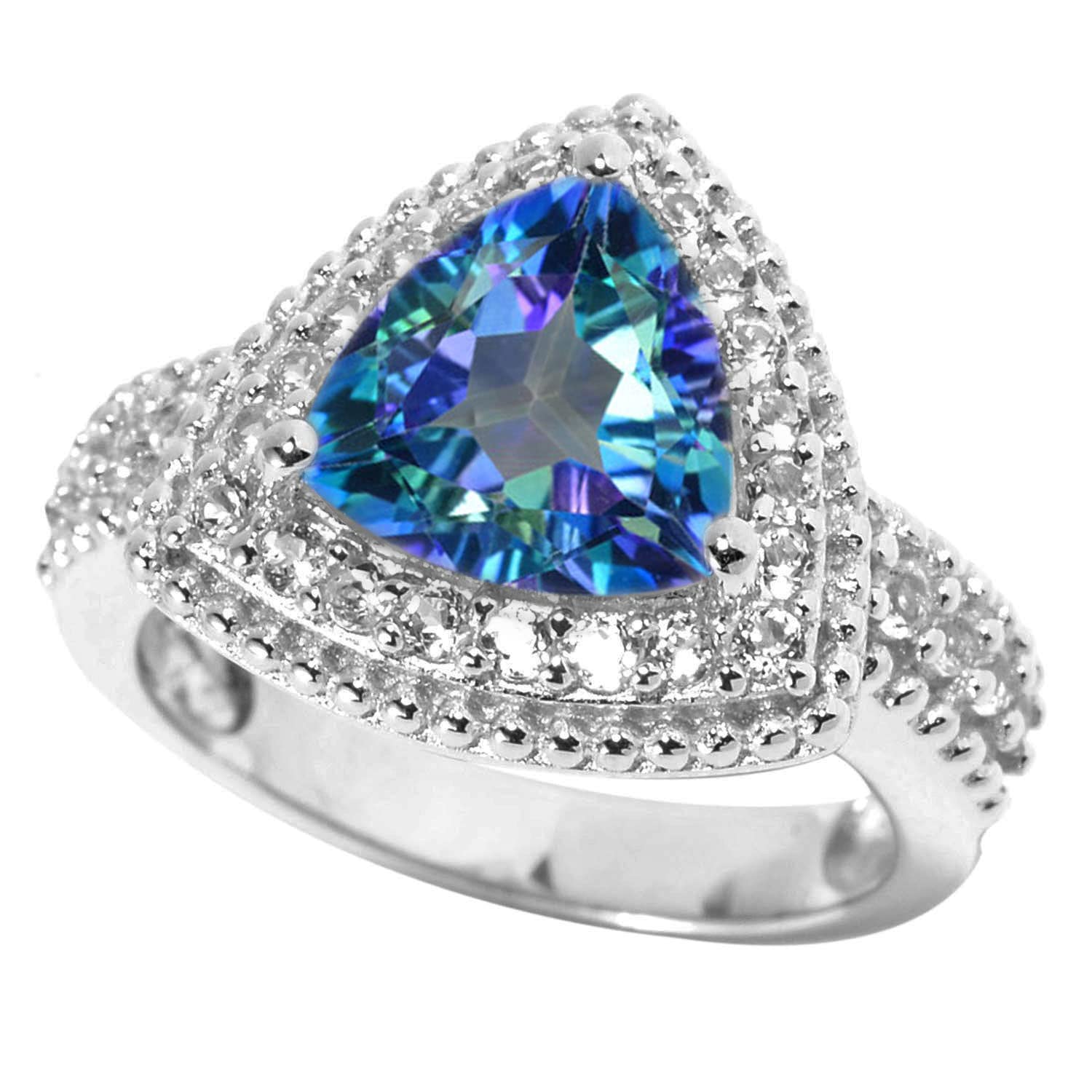 925 Sterling Silver Trillion Cut Blue Topaz & Natural White Topaz Halo Ring for Women - Elegant Bridal Jewelry, Anniversary Gift & Everyday Fashion Statement