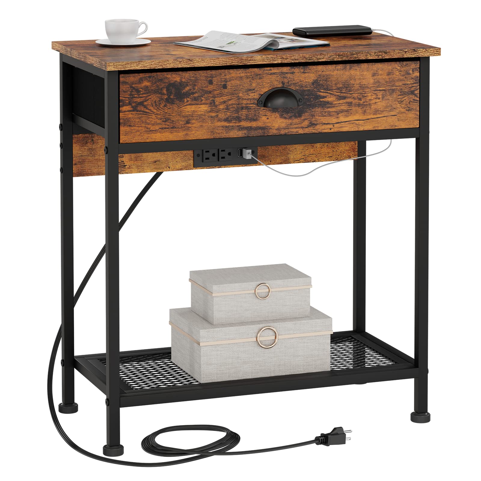Rustic Wooden Nightstand with Charging Station, USB Ports & Drawer Shelf - Industrial Design End Table for Bedroom, Easy Assembly - Perfect for Small Spaces, Apartment Living & Modern Home Decor