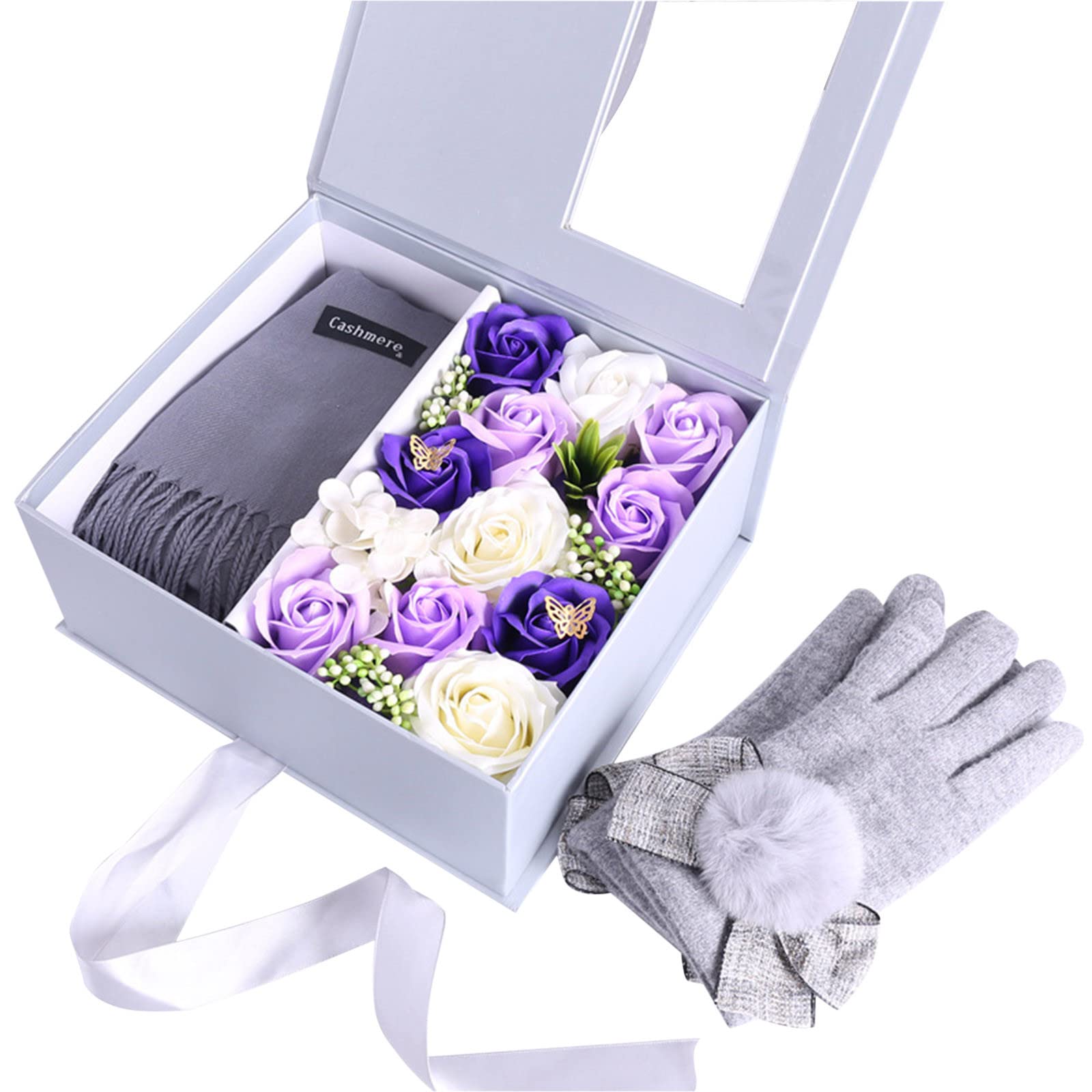 Handmade Soap Gift Set with Dried Flowers - Luxurious Scarf & Gloves Combo for Women - Perfect for Mother's Day, Anniversary, Valentine's Birthday Gifts - Home Spa Relaxation & Thoughtful Present Idea