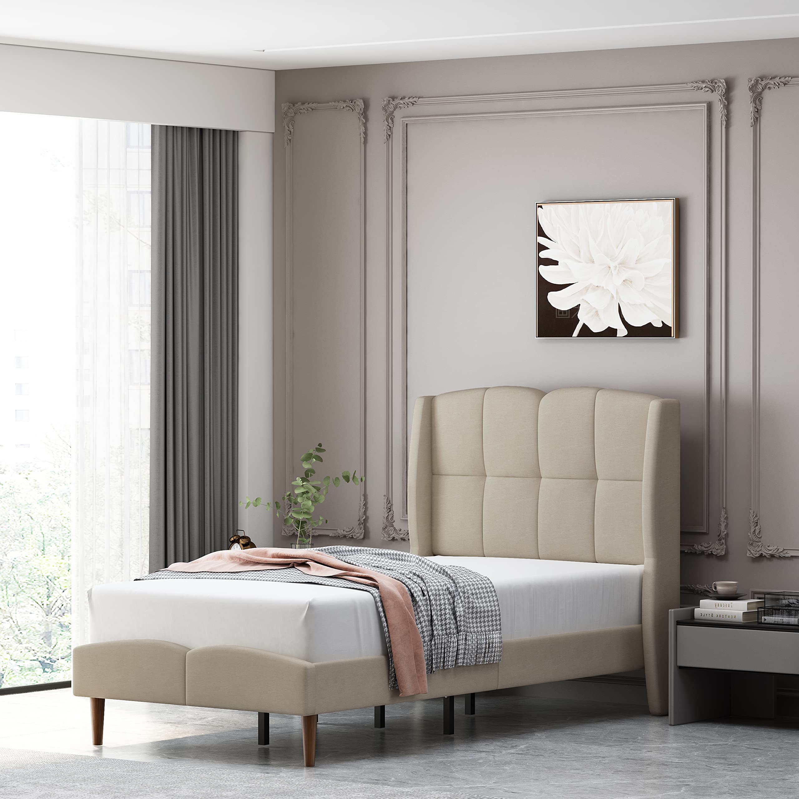 YUHUASHI Modern Upholstered Platform Bed Frame with Geometric Wing Headboard - Twin Size, Beige - Easy Assembly, Noiseless, No Box Springs Needed - Perfect for Small Bedrooms, Guest Rooms & Dormitories