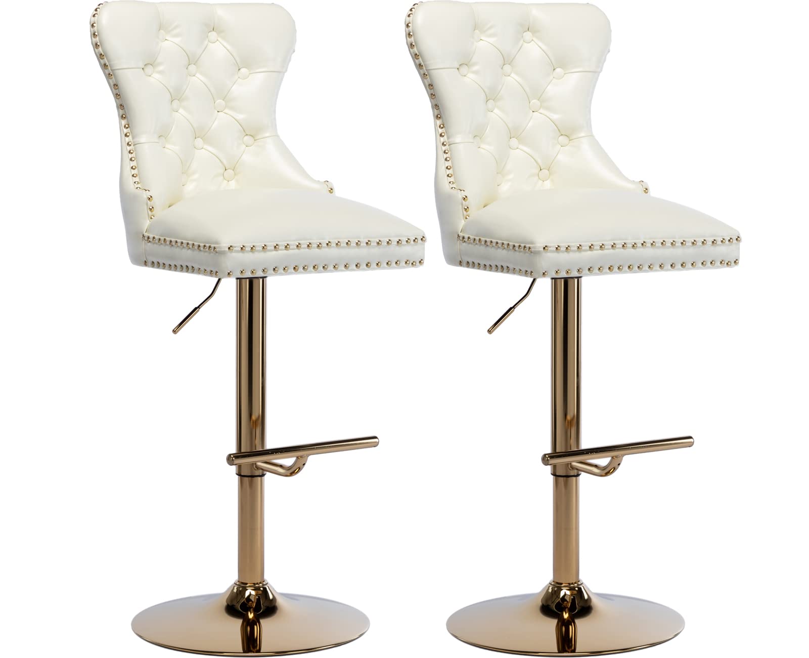 Tufted Bar Stool - PU Leather Counter Stool with Swivel & Height Adjustable Feature, Golden Base & Footrest - Set of 2 Cream Stools for Kitchen, Bar, Club or Home Decor - Perfect for Entertaining & Dining
