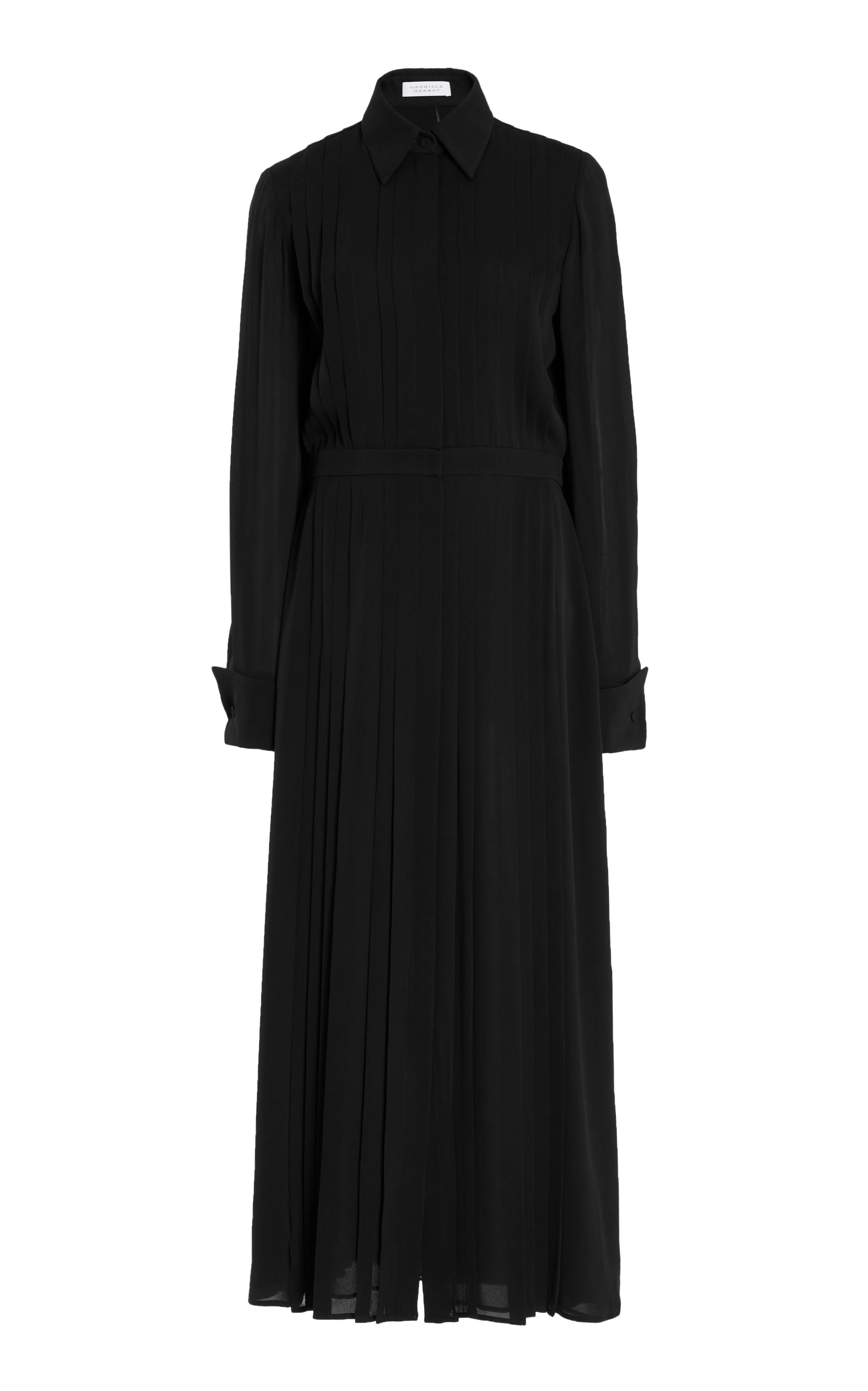 Delphine Black Silk Georgette Twill Maxi Shirtdress - Elegant Long Sleeve Button Down Dress for Women | Perfect for Office Wear, Evening Events & Special Occasions