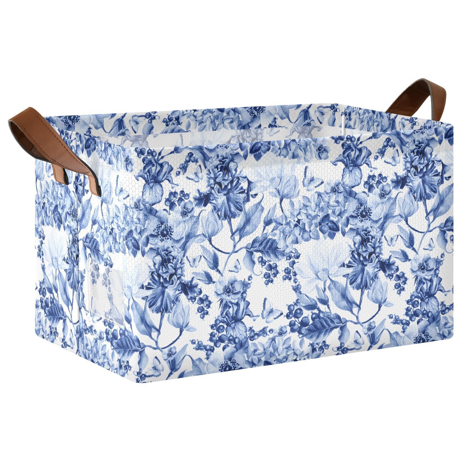 Storage Bins & Baskets - Organizing Containers with Handles | Modern Laundry Basket in Blue Floral White | Perfect for Closet, Bathroom & Home Organization