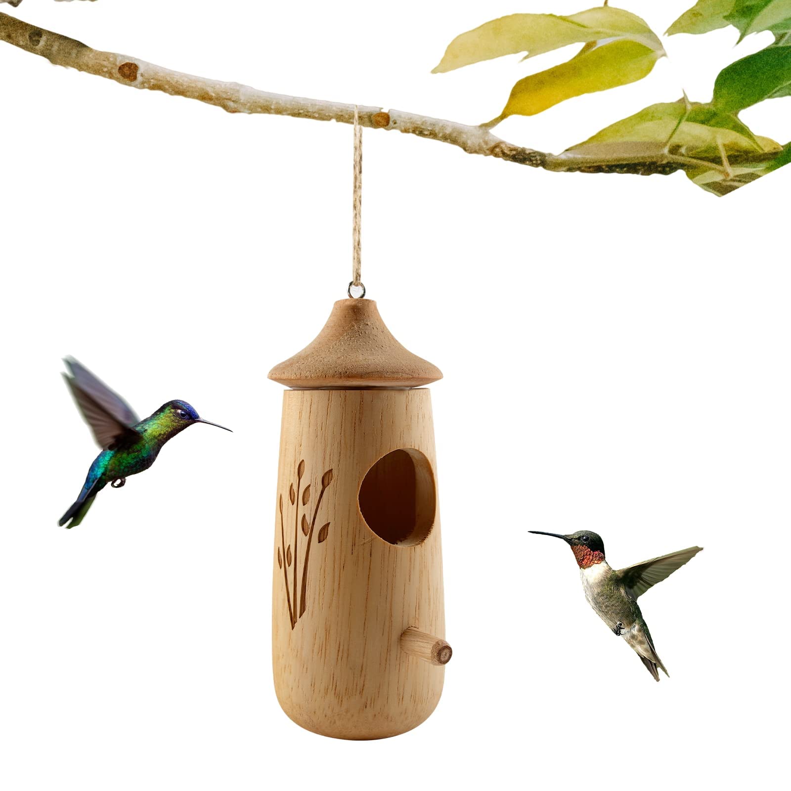 Wooden Hummingbird House for Outdoors - Handcrafted Bird Nest with Swinging Perch for Hummingbirds, Wrens, Swallows & Sparrows | Perfect for Garden, Patio & Backyard Bird Watching