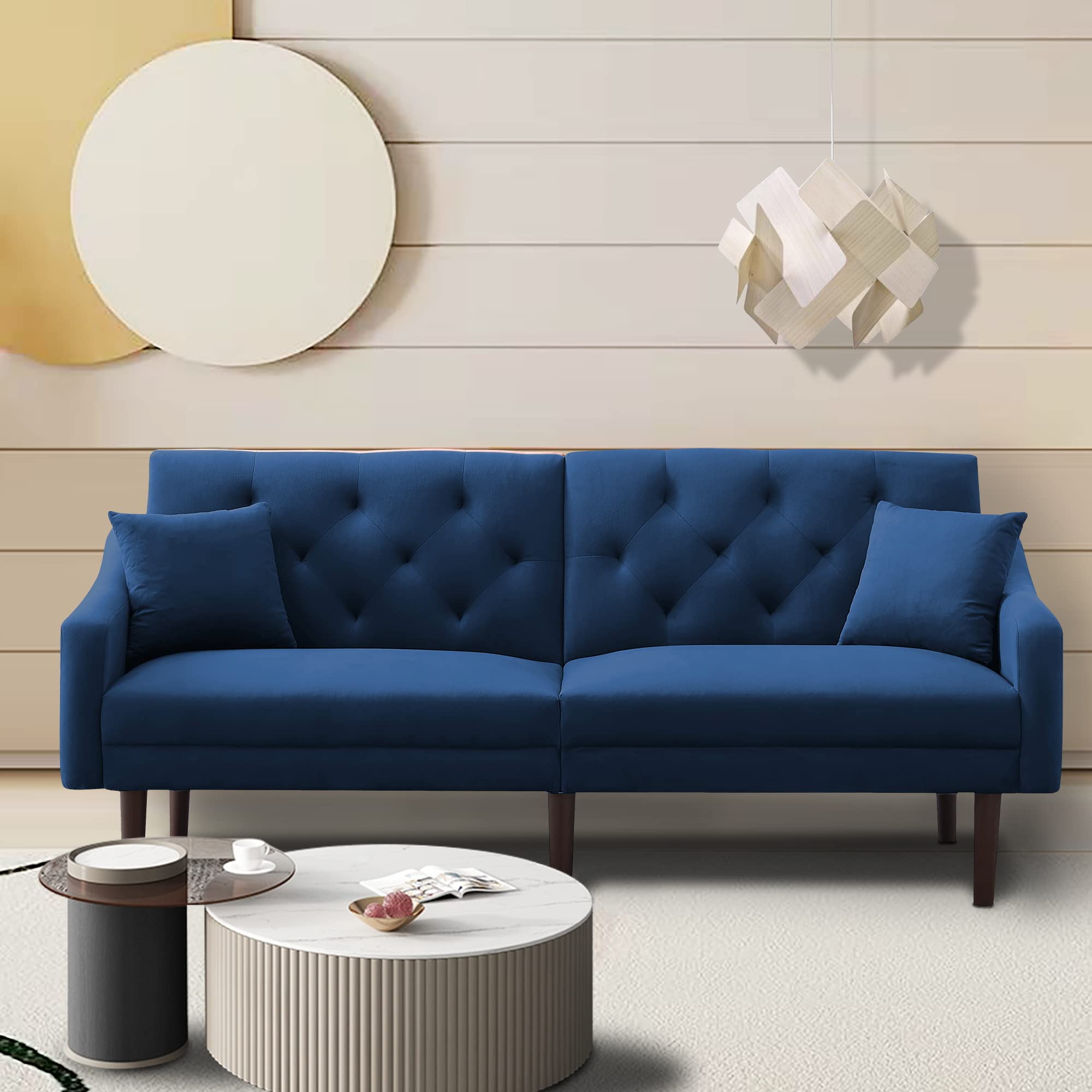 Blue Velvet Futon Sofa Sleeper with Pillows for Small Spaces