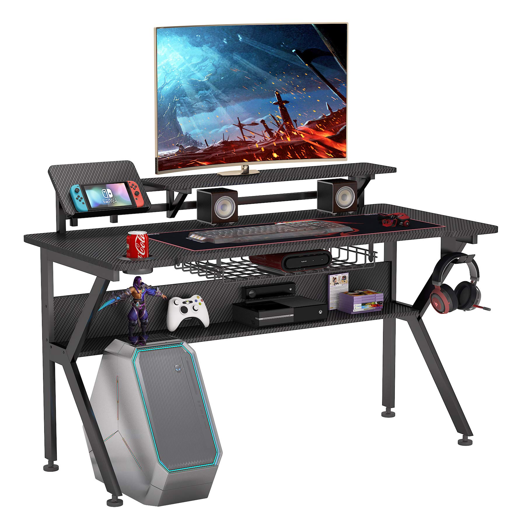 Tribesigns 47 Inch K-Shaped Gaming Desk with Monitor Stand Shelf, Cup Holder & Headphone Hook - Ergonomic Computer Desk for Gamers, Perfect Gift for Men & Women - Ideal for Home Office, Streaming & Esports Setup (Black)