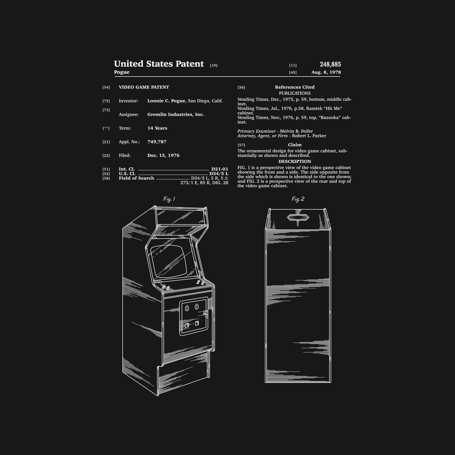 Vintage Arcade Game Patent Black - Classic Retro Gaming Machine for Home & Office Entertainment