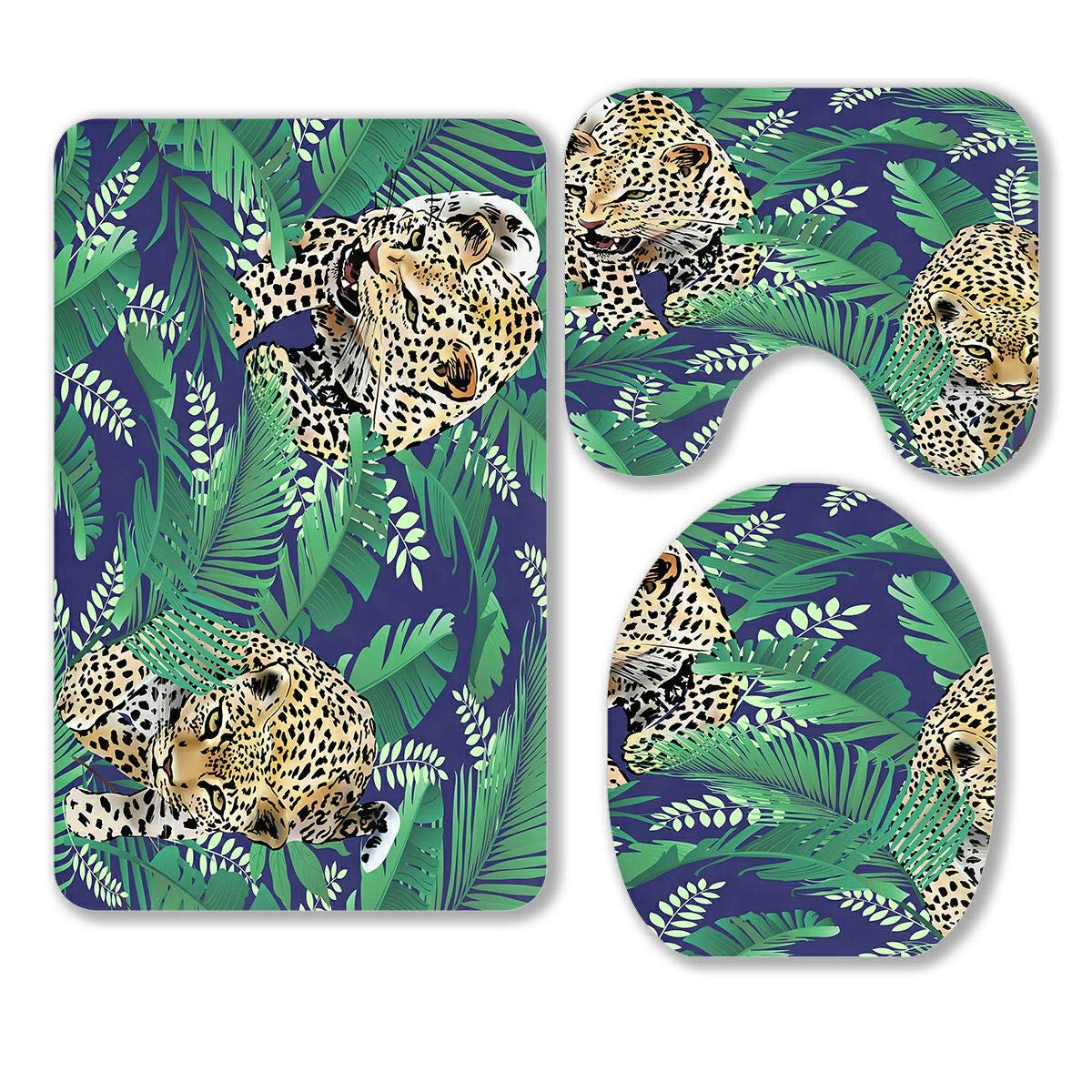 ABPHQTO Cheetah & Leopard Print 3-Piece Bathroom Rug Set - Non-Slip Bath Mat, Contour Mat & Toilet Cover with Tropical Palm Leaves Jungle Design | Perfect for Modern Bathrooms, Guest Suites & Jungle-Themed Decor