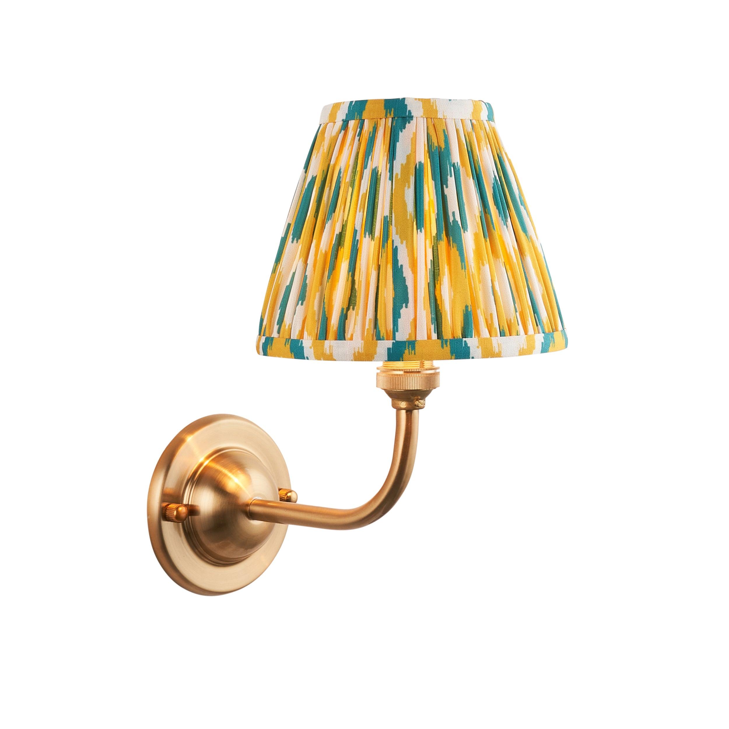 Vintage Dome Arc Brass Wall Light with Ikat 16cm Yellow & Jade Shade - Perfect for Bedroom, Living Room, and Hallway Lighting