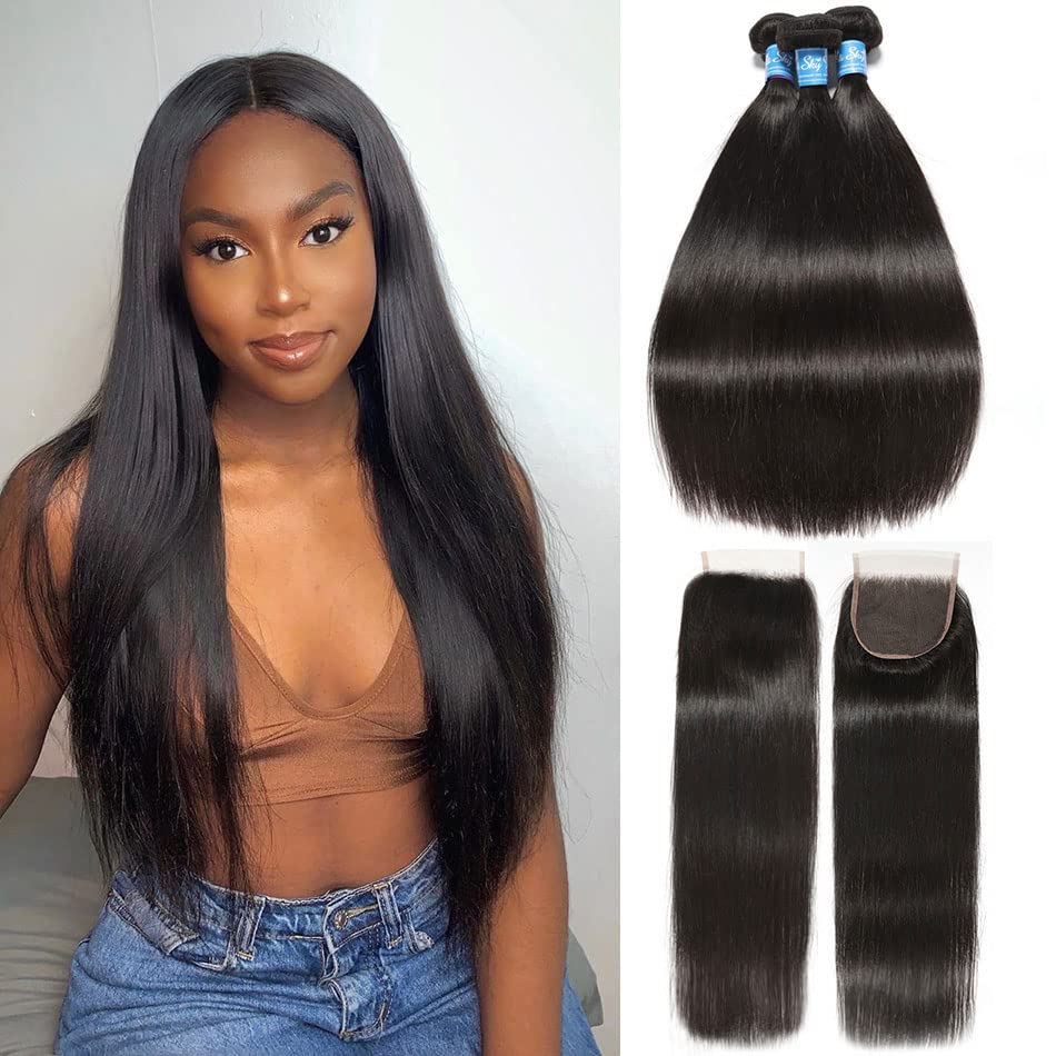 100% Unprocessed Peruvian Straight Human Hair Weave Bundles with 5x5 Lace Closure (10A Grade) - 3 Bundles + Free 20