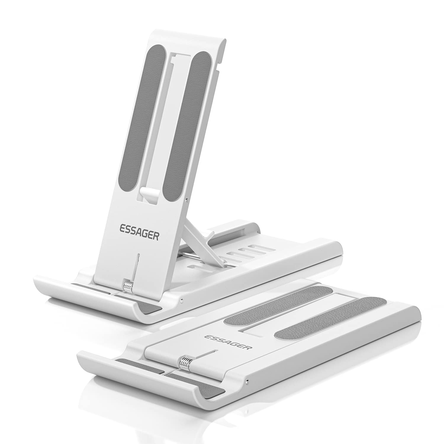 ESSAGER 2 Pack Adjustable Foldable Phone Stand - Universal Mini Cell Phone Holder for Desk, Compatible with iPhone, Kindle, Samsung & All Smartphones (White) - Perfect for Home Office, Bedside, Kitchen & Video Watching