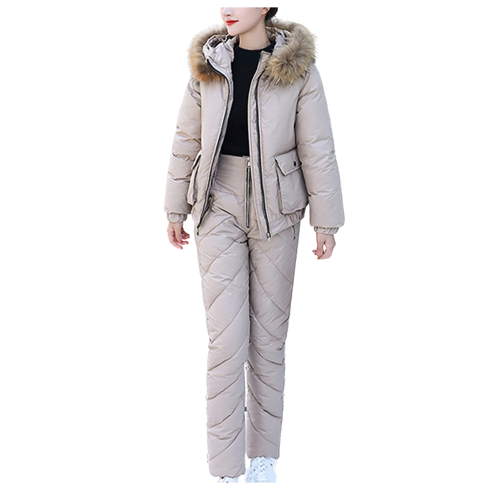 Baby Girl Snowsuit & Women's Winter Jumpsuit - Brown Fur Hooded Snowboarding Jacket & Short Puffer Coat (Khaki, Size M) for Skiing, Snow Play & Cold Weather Outfits