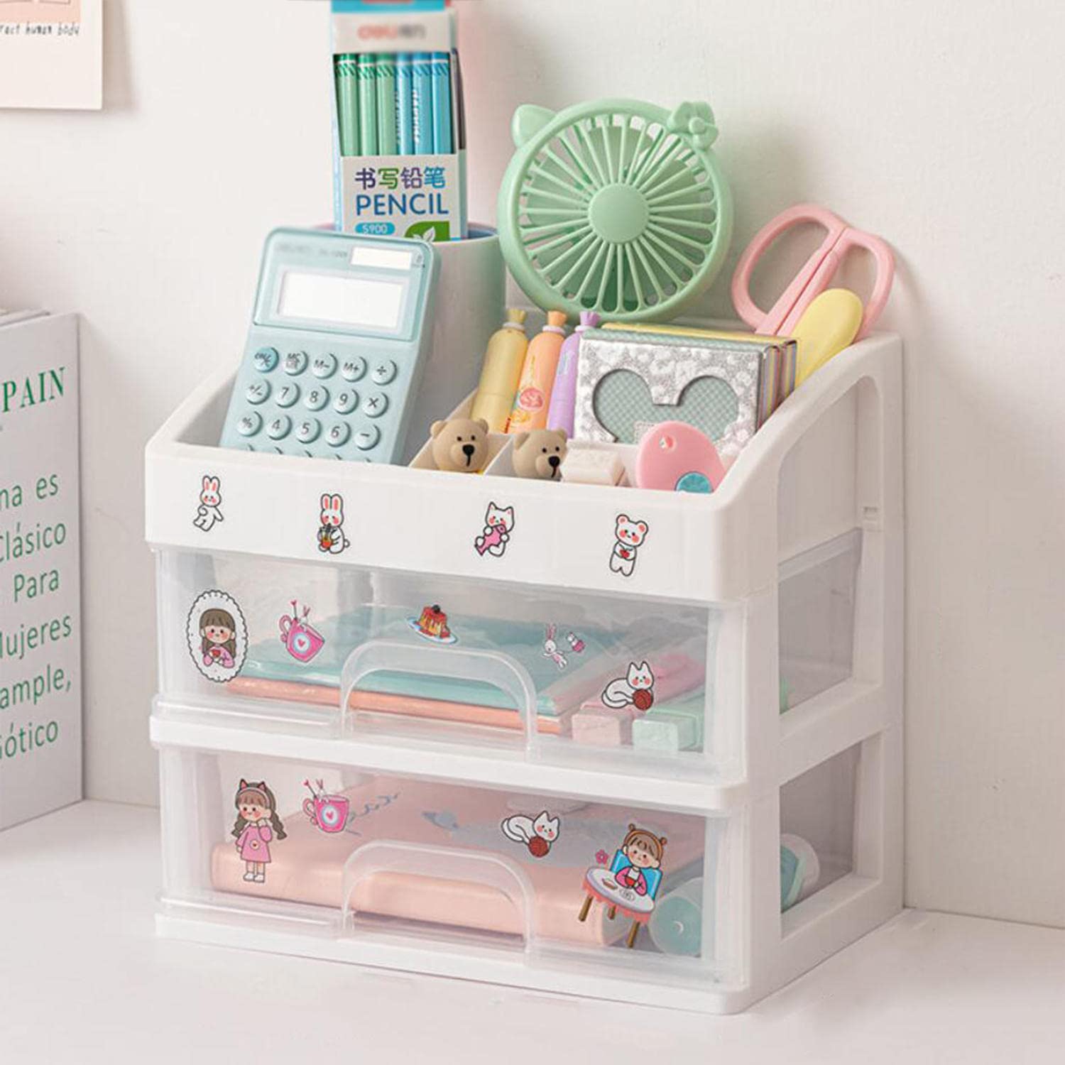 Multi-Layer Transparent Plastic Desk Organizer with Drawers - Kawaii Stationery Storage Box for Pens, Office Supplies & Home Use - Perfect for Desk Organization, School, and Office Workspaces