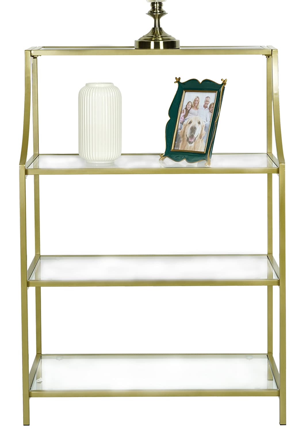 Modern Narrow Console Table with 4-Tier Shelving Storage - Safety-Tempered Clear Glass Top & Gold Frame - Entryway Table, Hallway Sofa Table, Living Room Furniture - Perfect for Small Spaces Behind Couch or Entryway Organization