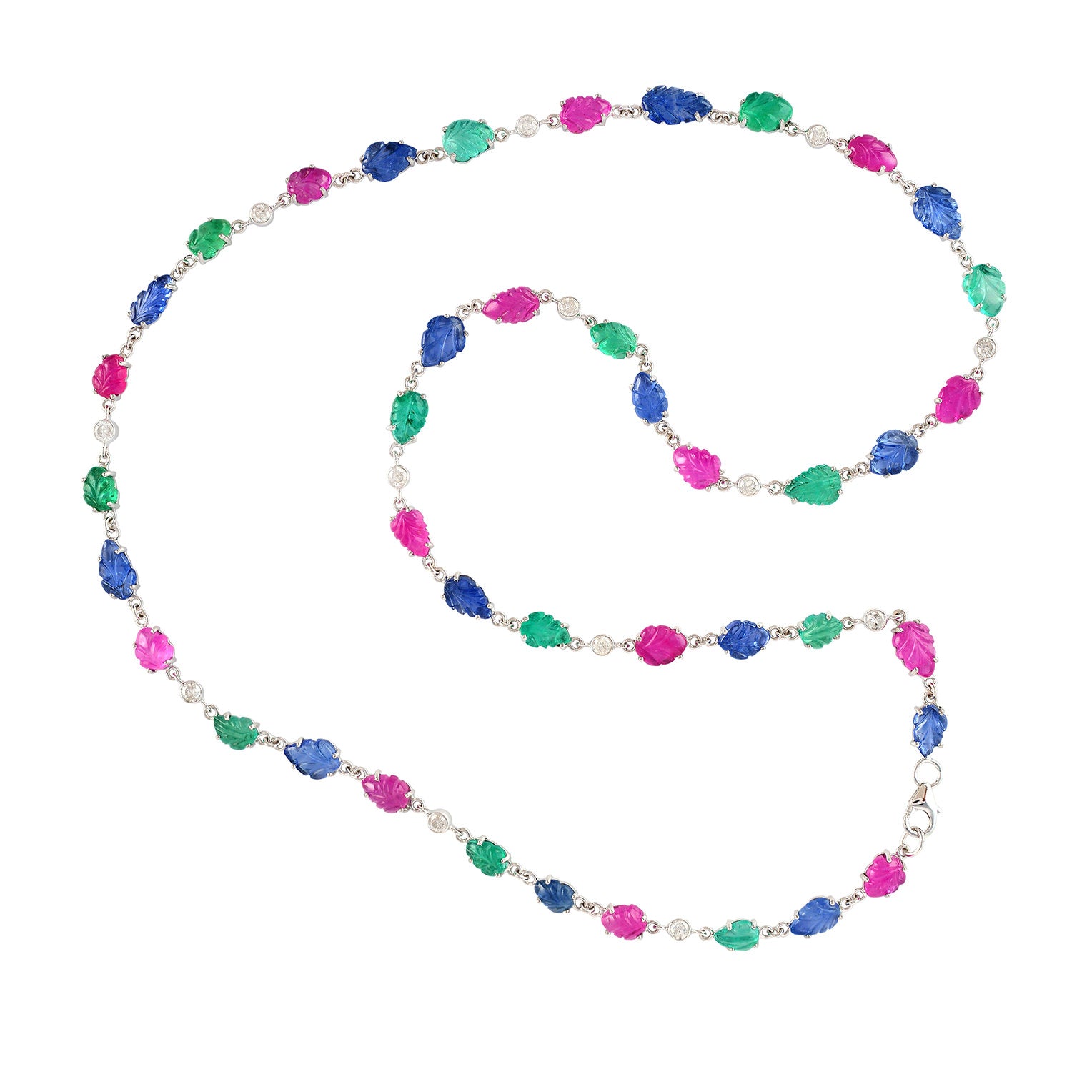Exquisite Carved Ruby Blue Sapphire Emerald Bezel Diamond Leaf Shape Matinee Necklace in White Gold - Perfect for Weddings, Anniversaries & Special Occasions