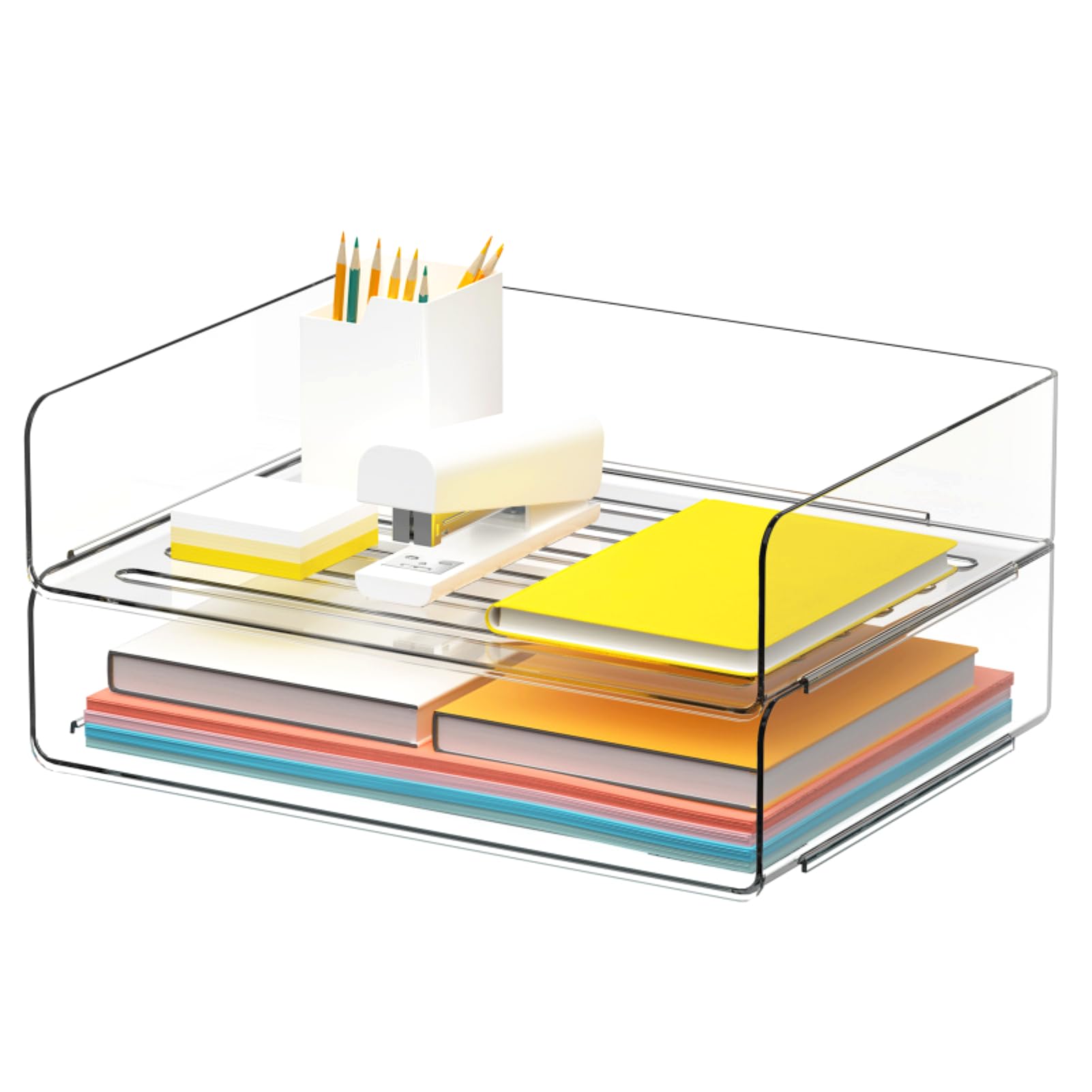 Stackable Clear Desk Organizer - 2-Pack Wide Entry Letter Tray for Office Files, Papers & Books | Perfect for Home Office, School Desk & Workspace Organization