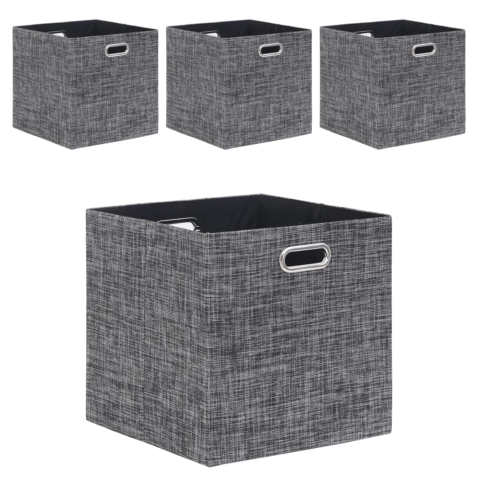 13×13 Inch Foldable Cube Storage Bins with Handles - Set of 4 Large Capacity Linen Organizer Baskets for Closet, Shelf, Cabinet & Bookcase | Collapsible Fabric Drawers for Bedroom Organization | Perfect for Toys, Books & Home Decor (Black)