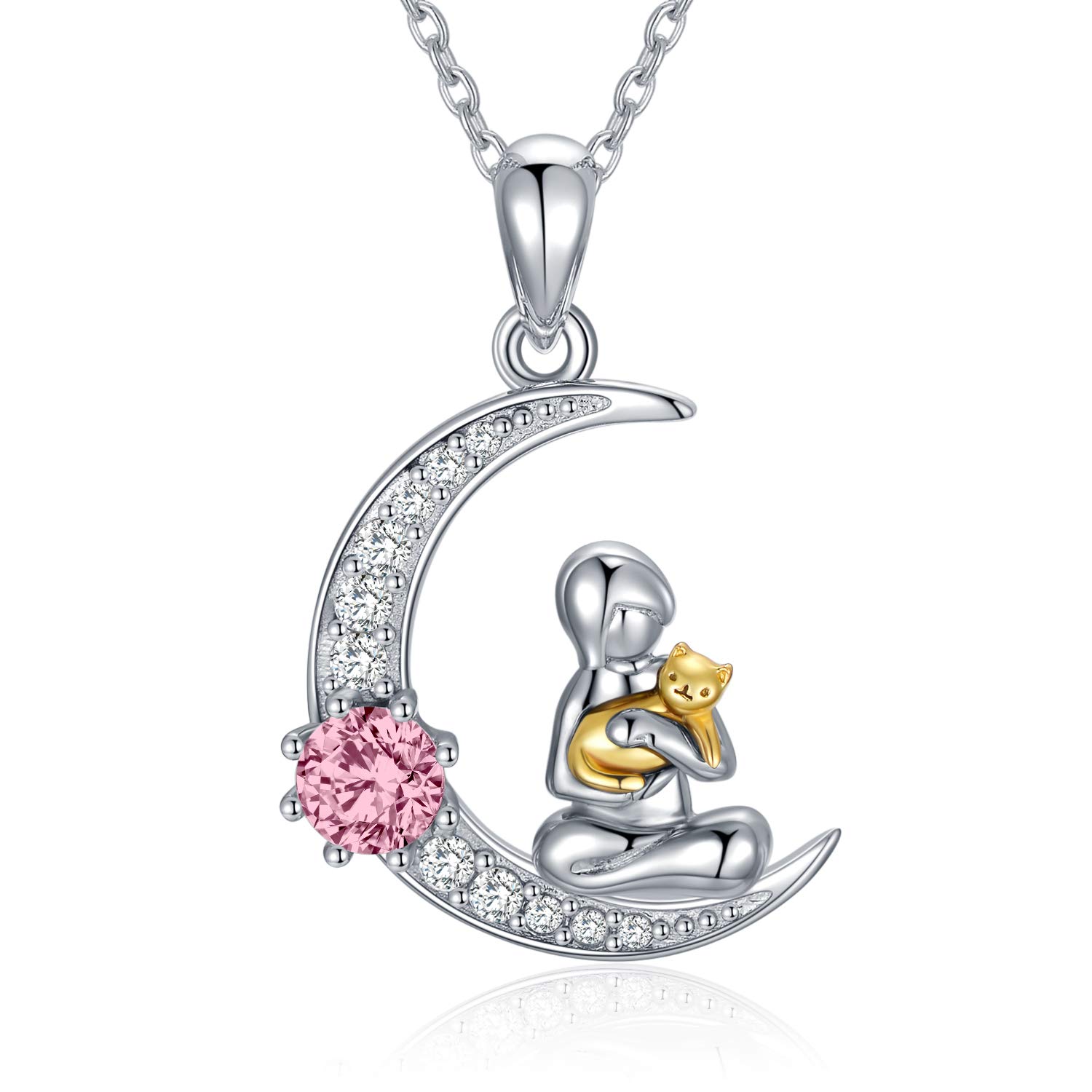 Moon Cat Pendant Necklace - Sterling Silver Cat Jewelry with Birthstone Crystals | Perfect Gift for Cat Lovers, Women, Wife & Girlfriend | Birthday, Anniversary & Everyday Wear
