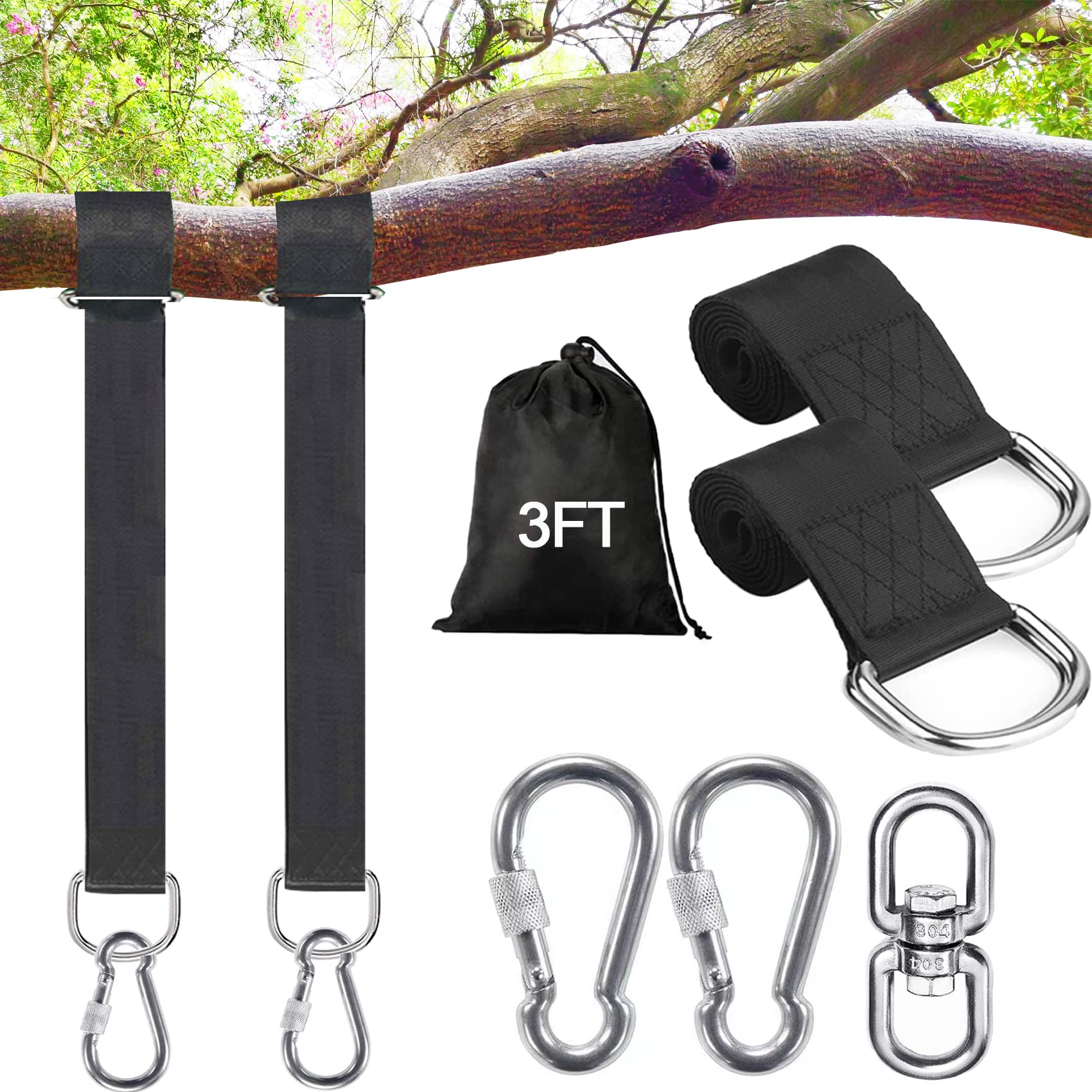 Werflyto Heavy Duty Tree Swing Straps Kit - 3FT/10FT/15FT/20FT Adjustable Hanging Straps for Swings & Hammocks - Supports 5500LBS - Safe & Easy Installation for Backyard, Garden, Park Play (3FT)