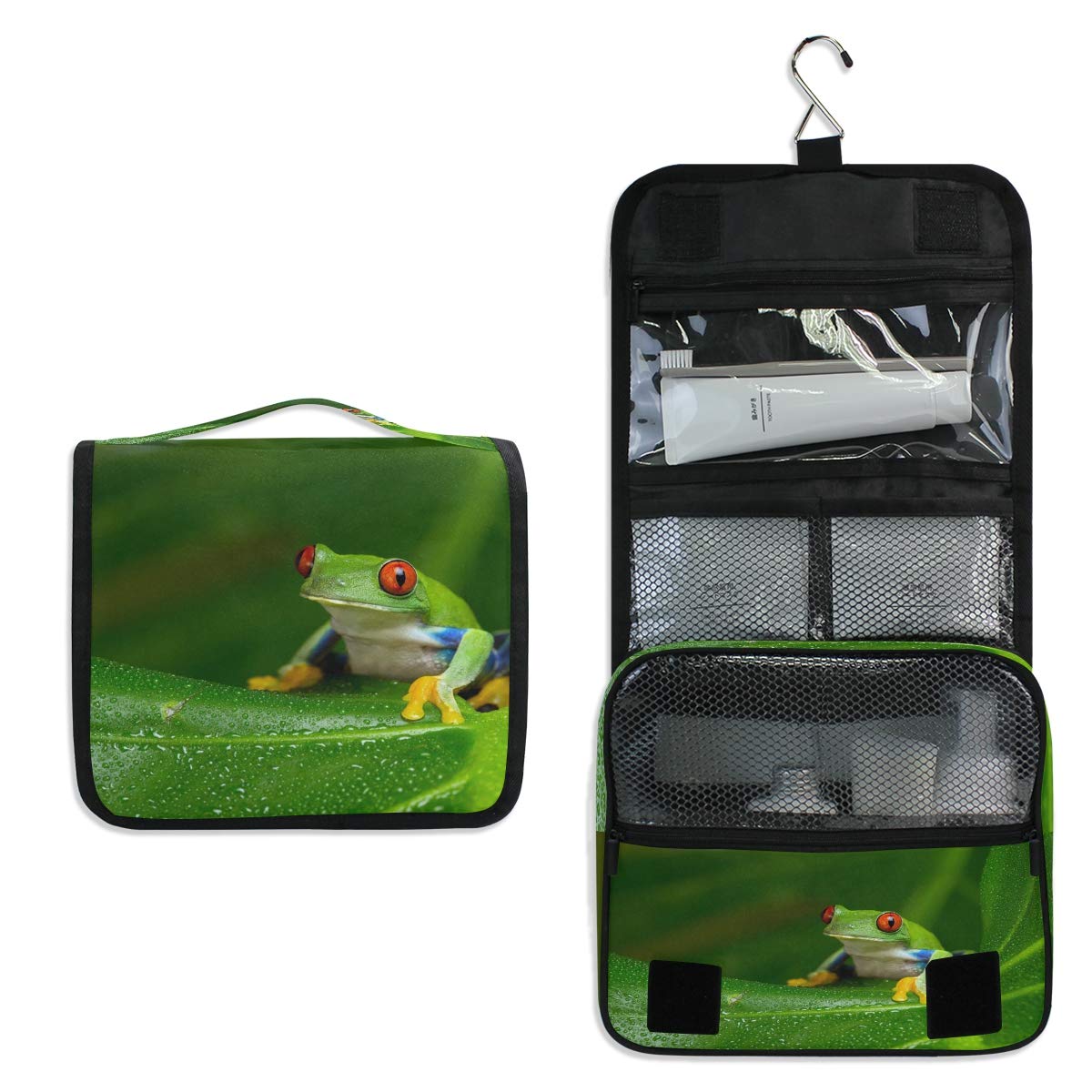 QMXO Hanging Travel Toiletry Bag - Foldable Waterproof Cosmetic Organizer for Women & Girls, Perfect for Gym, Bathroom & Vacation (Green Tree Frog Palm Leaf Design)