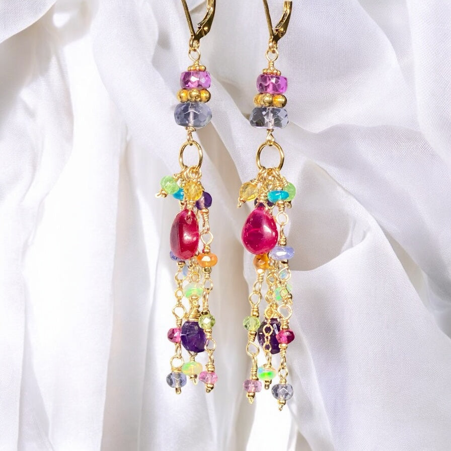 Violet Sapphire & Multi Gemstone Gold Filled Dangle Earrings for Women – Elegant Statement Jewelry for Parties, Weddings & Special Occasions