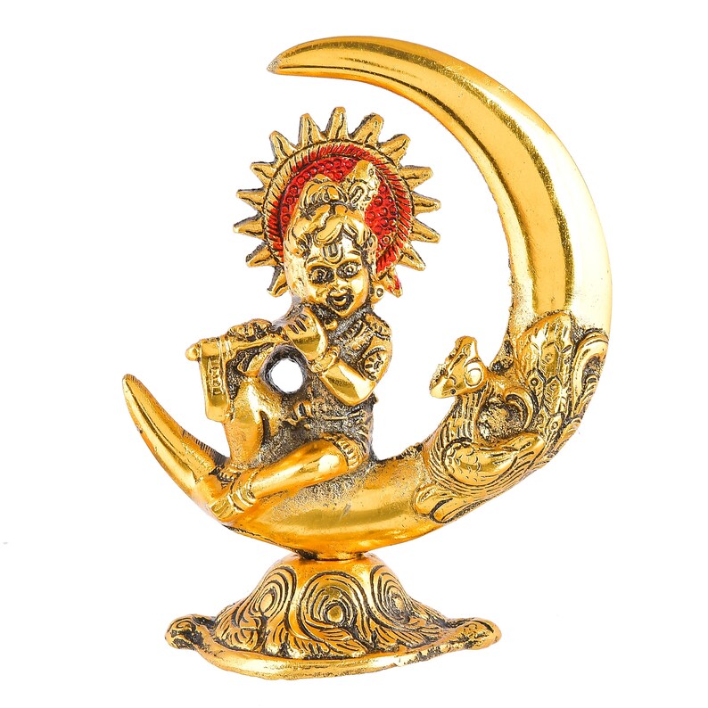 Brij Haat Metal Little Gopal Krishna On Moon Statue - Hindu God Krishna Home Decor for Living Room, Pooja Room & Gift - Handcrafted Spiritual Decor for Indian Festival & Wedding (D6)