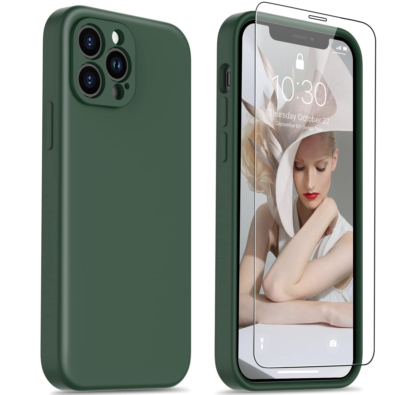 FUNMIKO iPhone 13 Pro Max Case with Screen Protector - Military Green Soft Silicone Cover with Camera Lens Protection | Shockproof Phone Case for 6.7