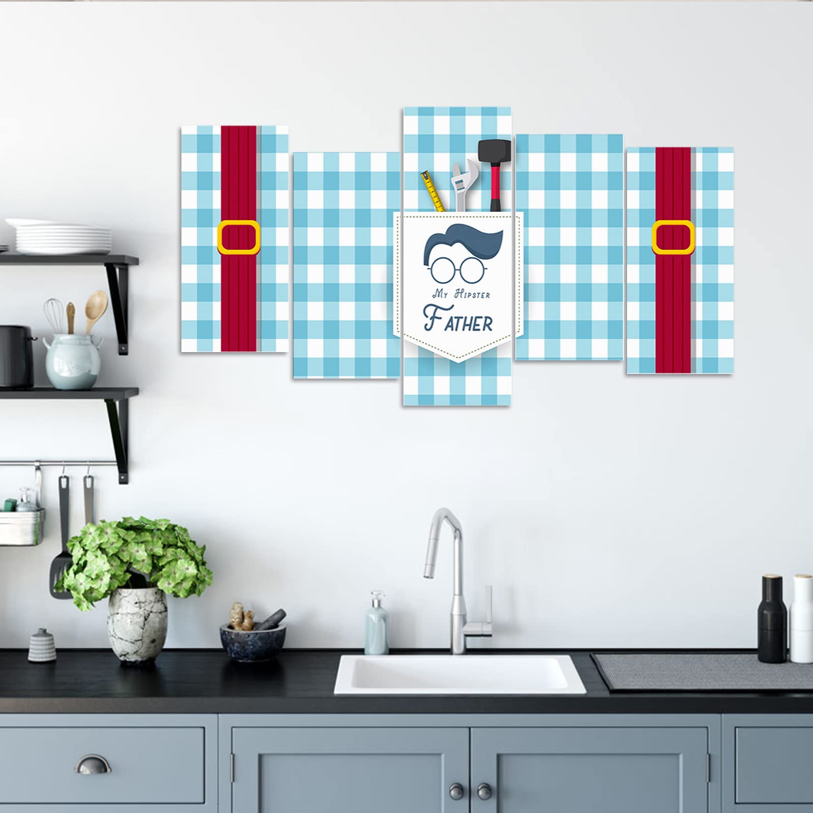 Father's Day Gift - Framed Blue Buffalo Check Plaid Wall Art Set of 5 (60