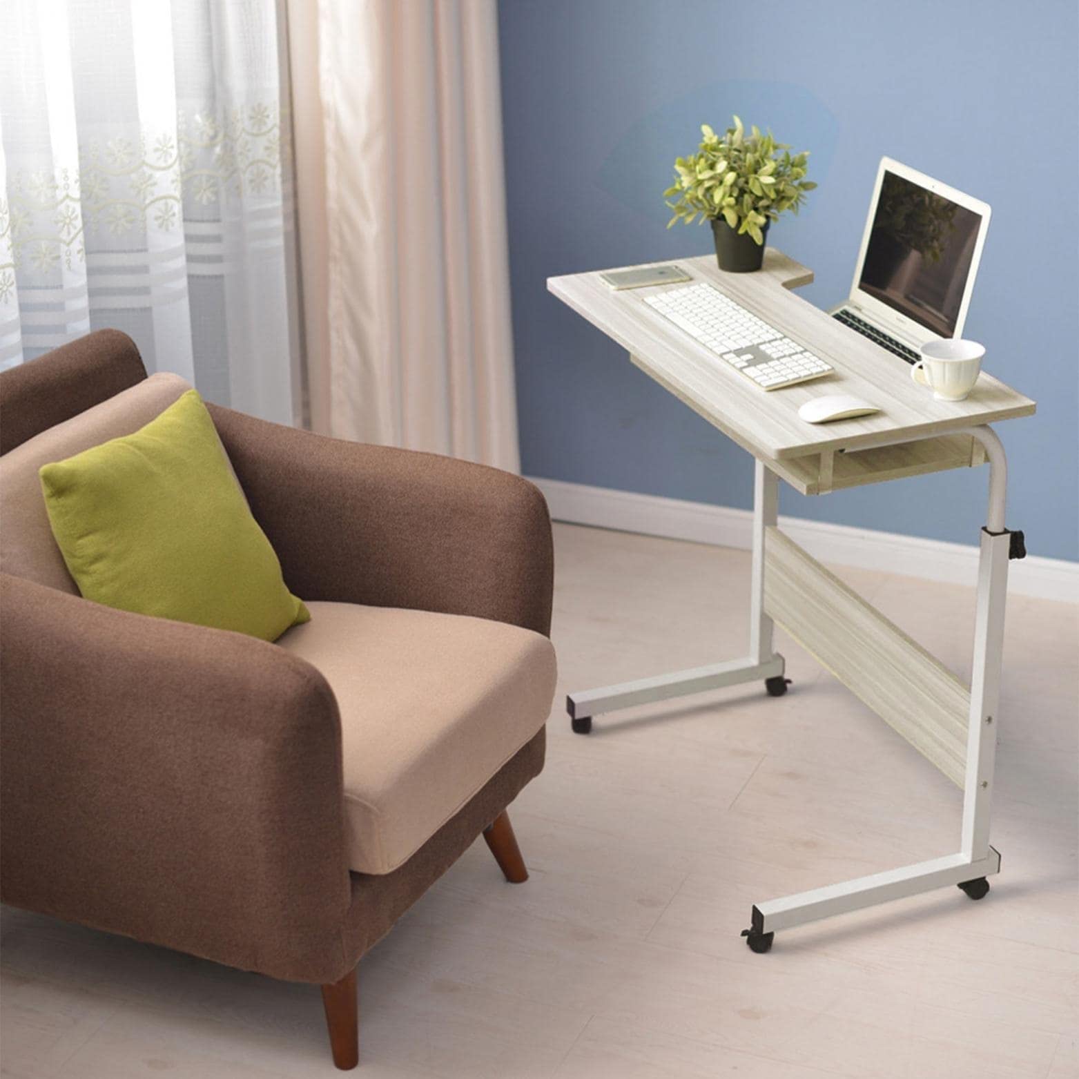 Adjustable Height Home Office Desk - Mobile Laptop Cart with Extension Leaf, White Mid-Century Modern Rectangular Design, Solid Birch Wood Finish | Perfect for Small Spaces, Standing Workstations & Remote Work Setups